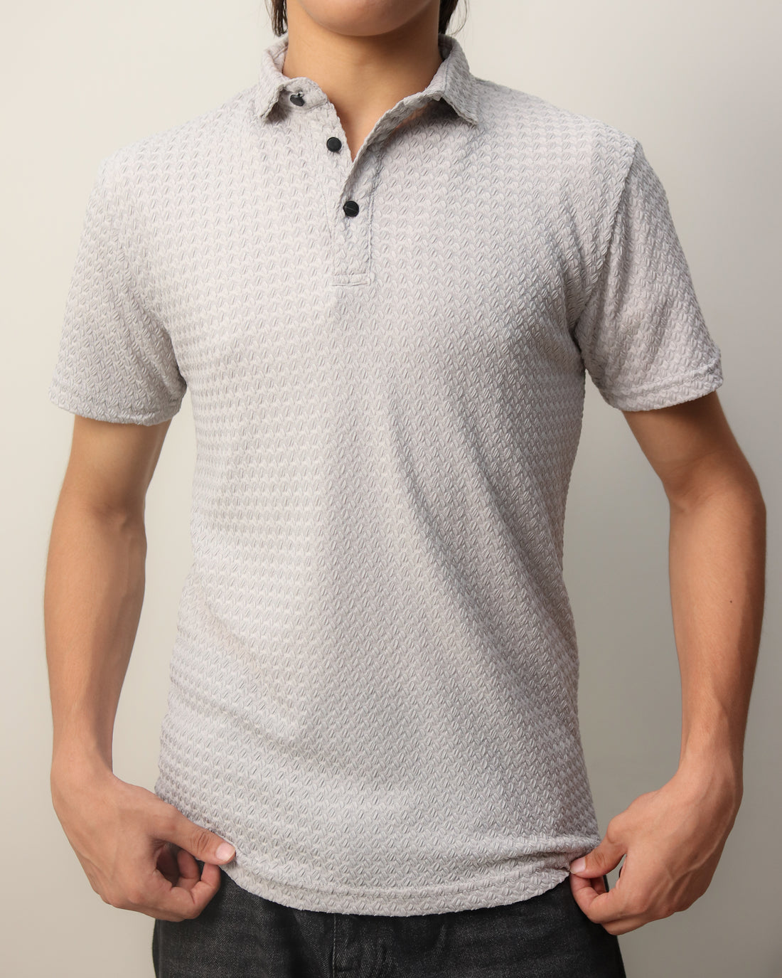 Woven Textured Lycra Polo - Light Grey