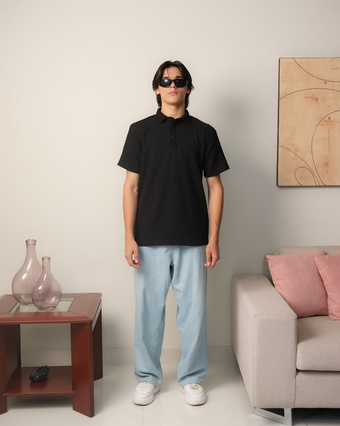 Woven Textured Lycra Polo - Black