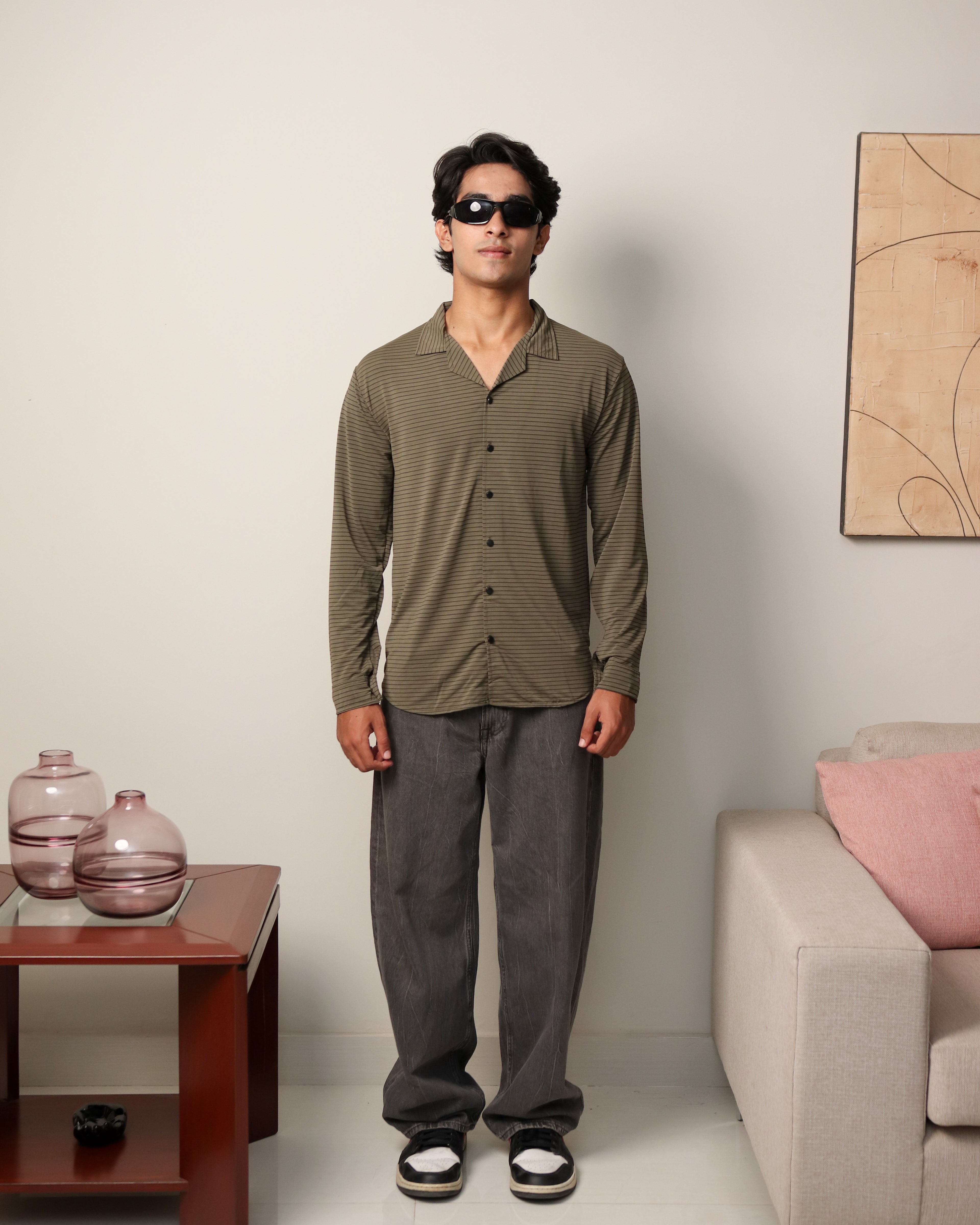 Lycra Textured Lines Shirt - Olive