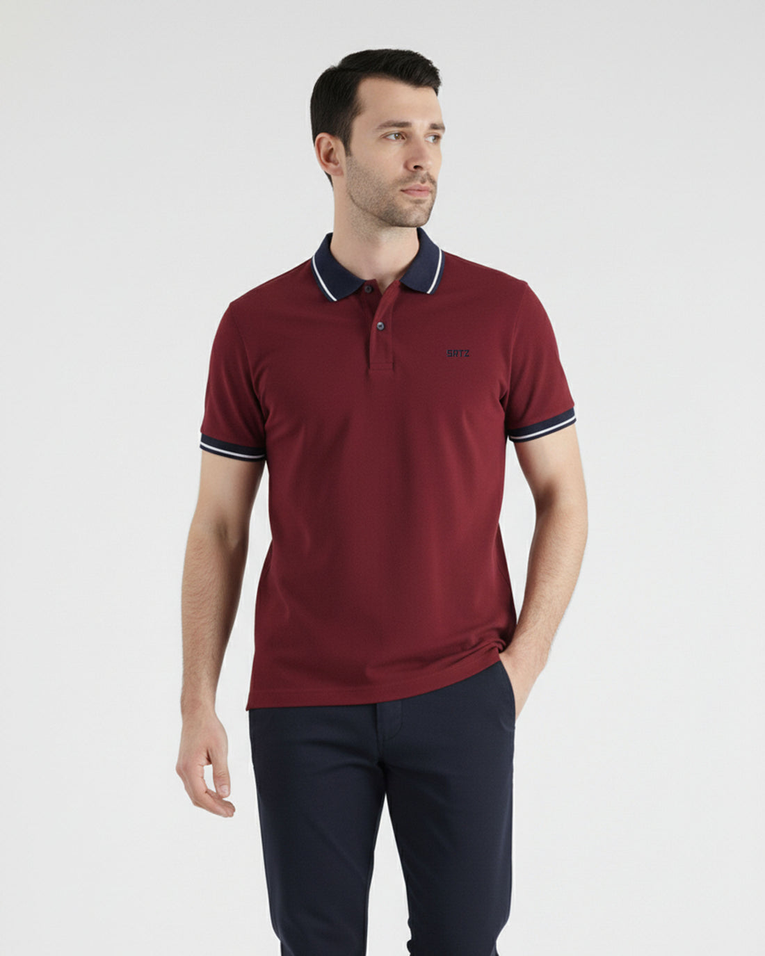 Maroon and Navy Contrast Polo Tee