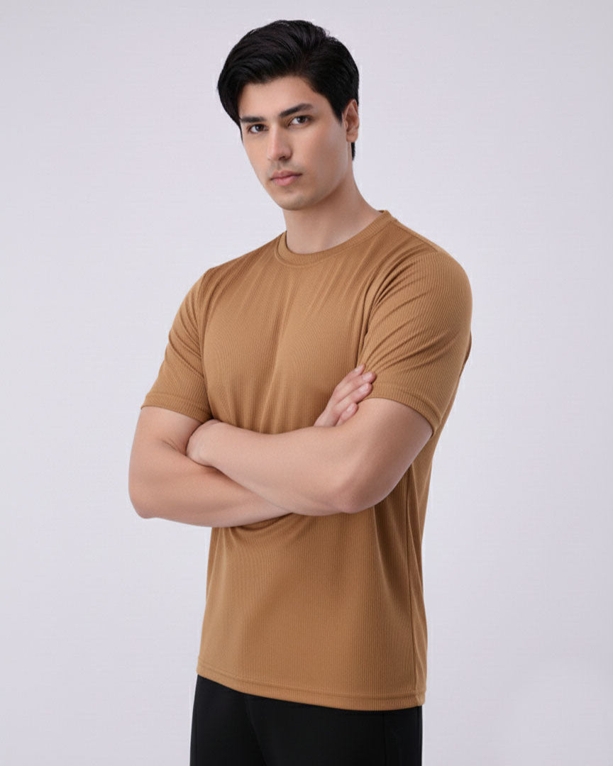 Imported Lycra Textured Tee - Camel Brown