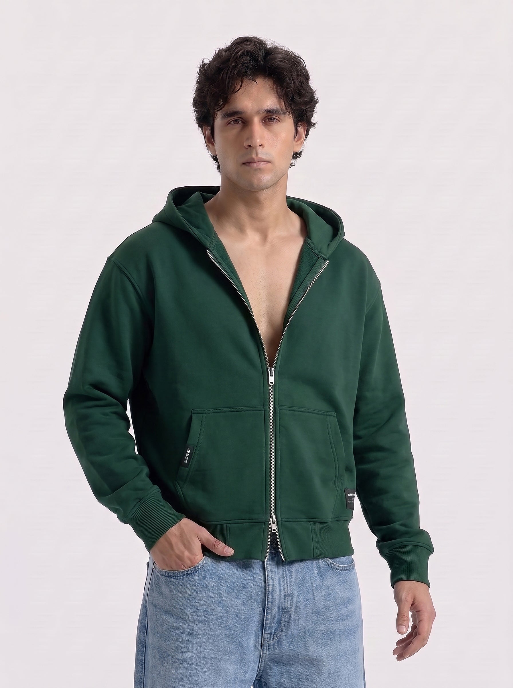 Bottle Green Oversize Zipper Hoodie