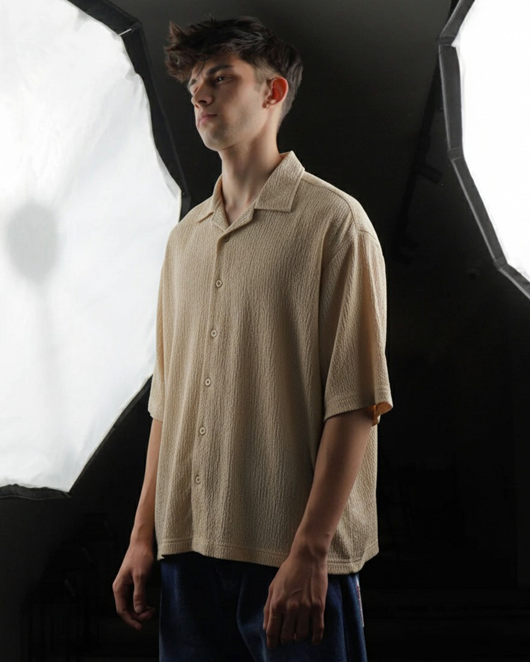 Oversize Woven Lycra Shirt - Beige