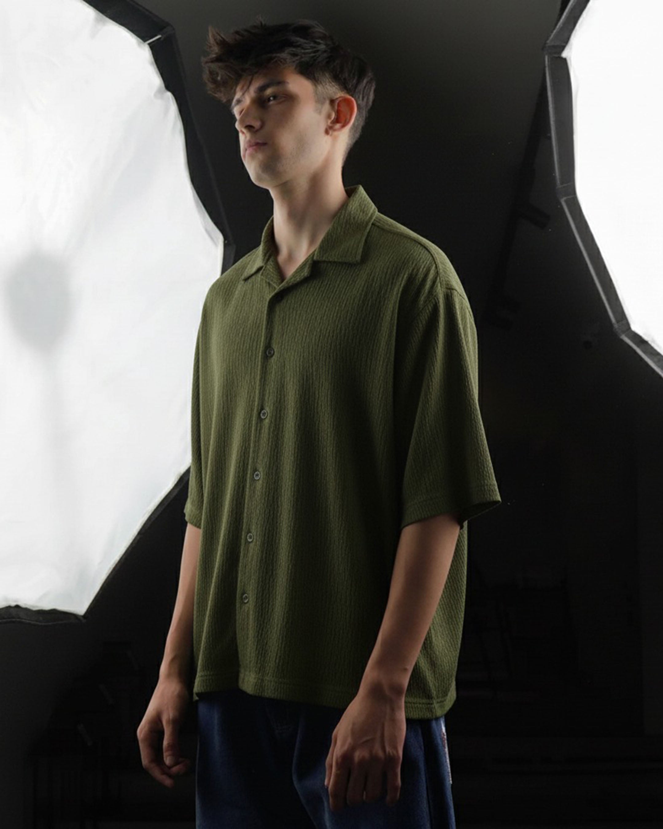 Oversize Woven Lycra Shirt - Olive