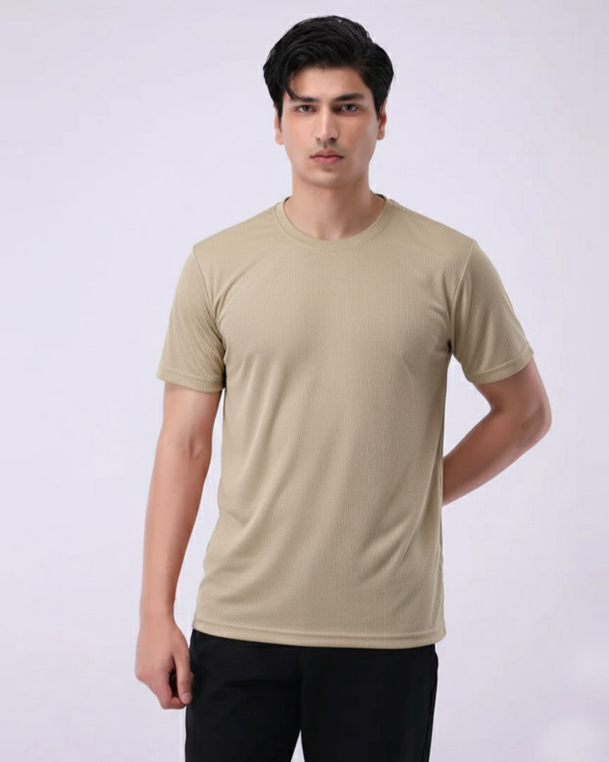 Imported Lycra Textured Tee - Sand Biege