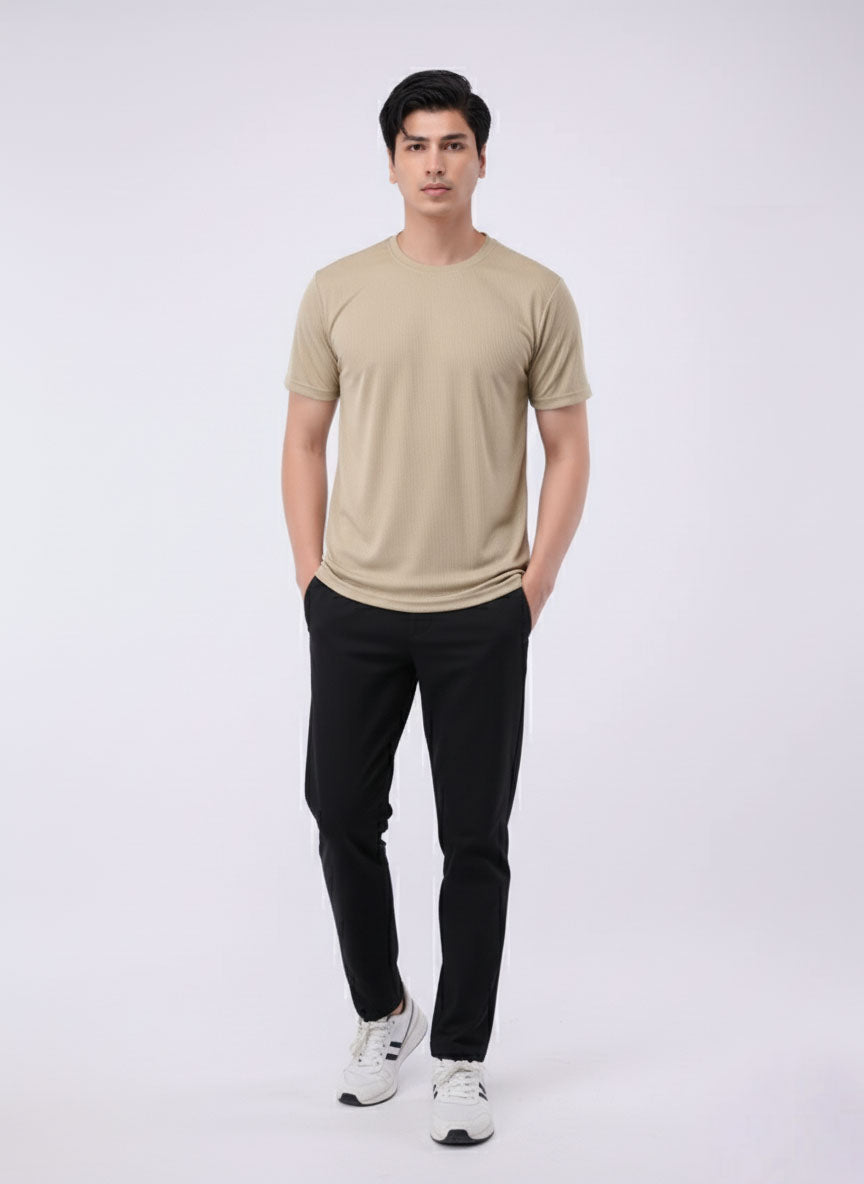 Imported Lycra Textured Tee - Sand Biege