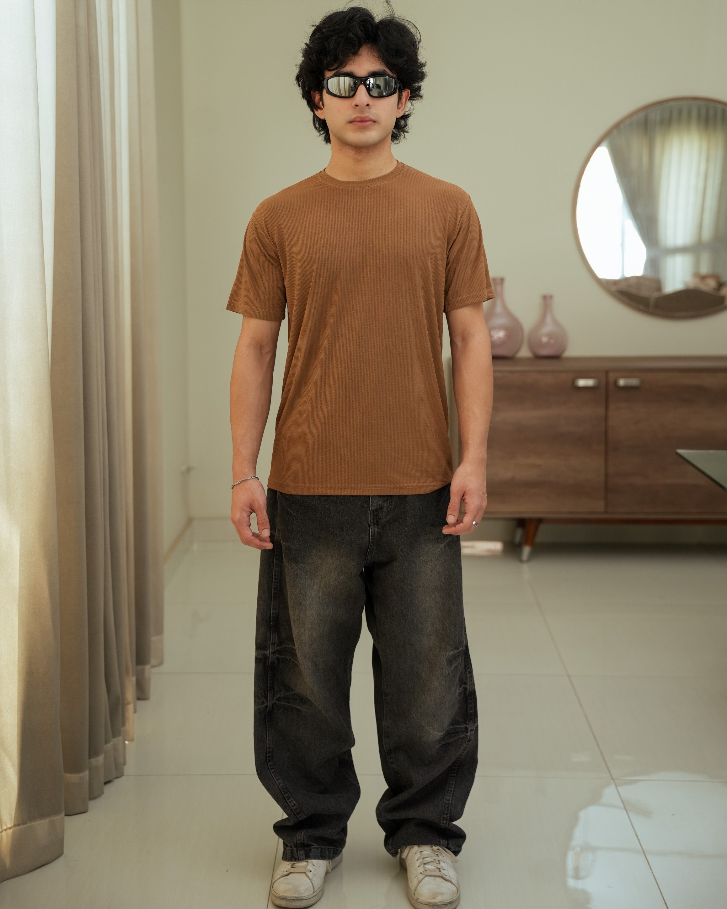 Imported Lycra Textured Tee - Camel Brown