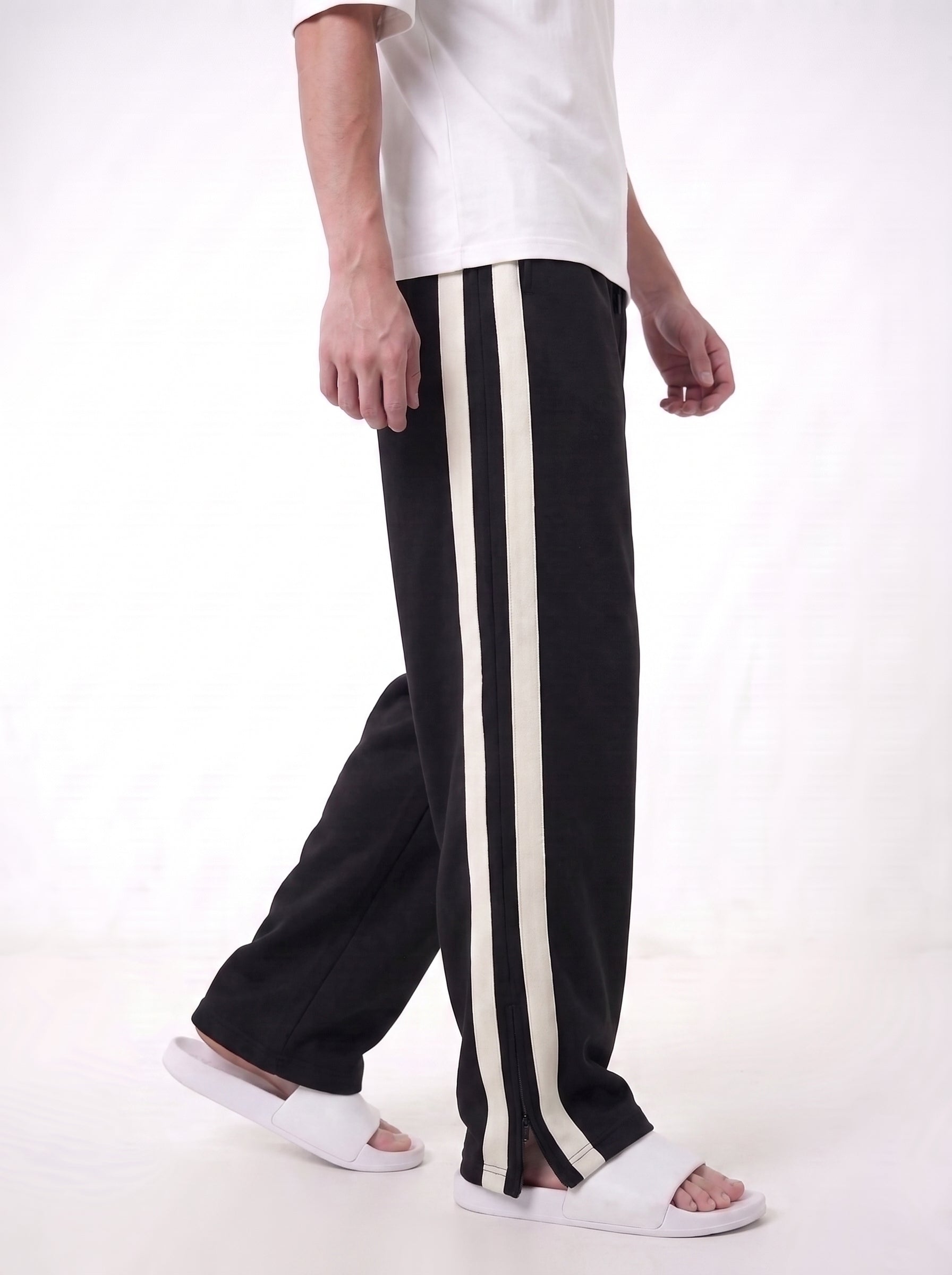 Black Side Stripe Zipper Baggy Trousers