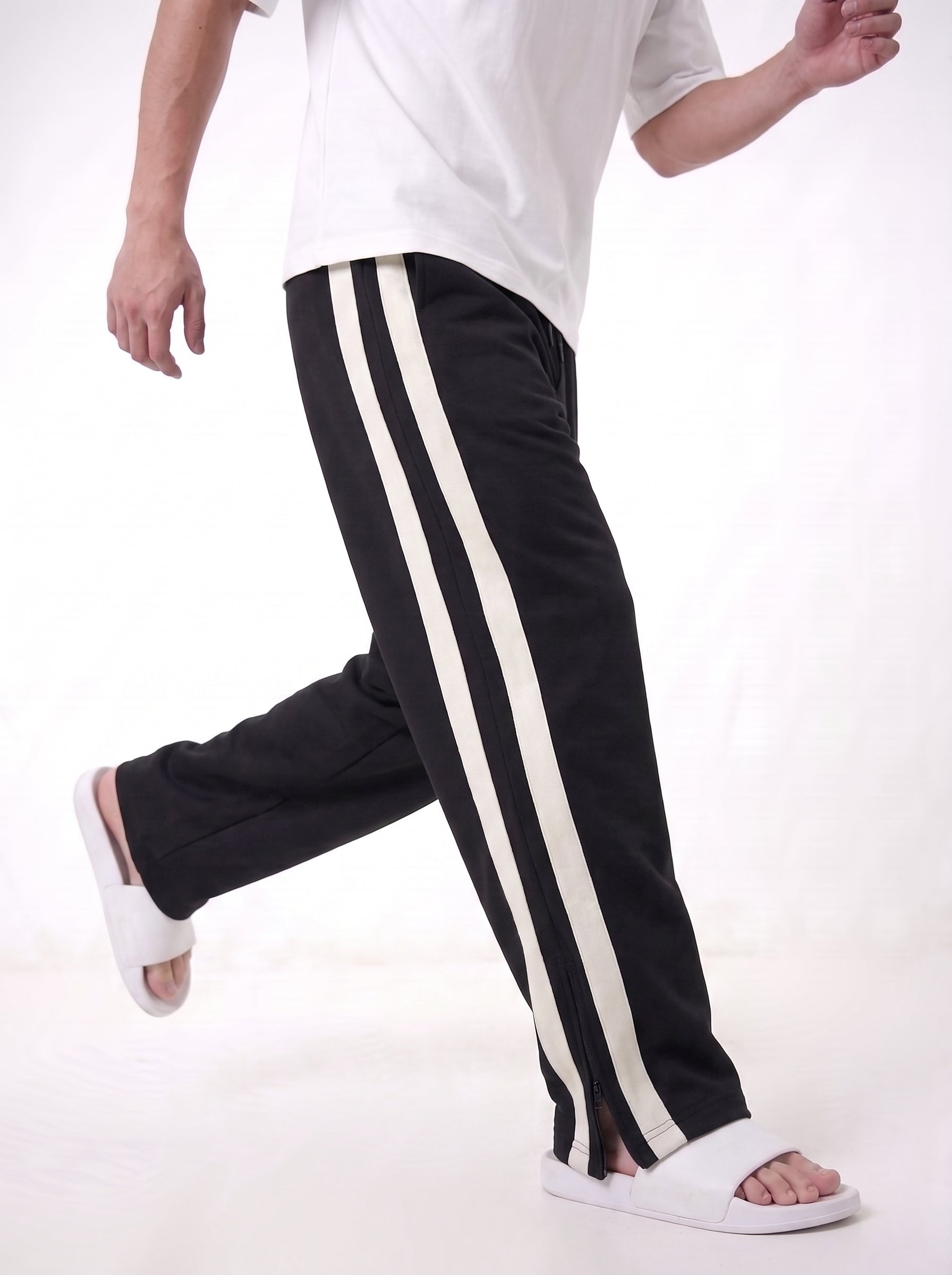 Black Side Stripe Zipper Baggy Trousers