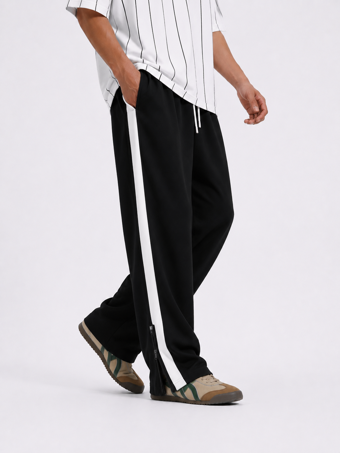 Black Side Stripe Zipper Baggy Trousers
