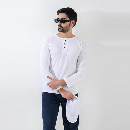 White Full Sleeve Henley Tshirt - Surteez