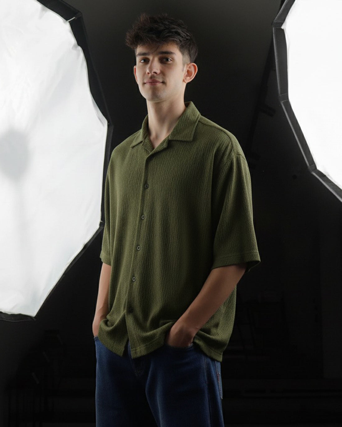 Oversize Woven Lycra Shirt - Olive