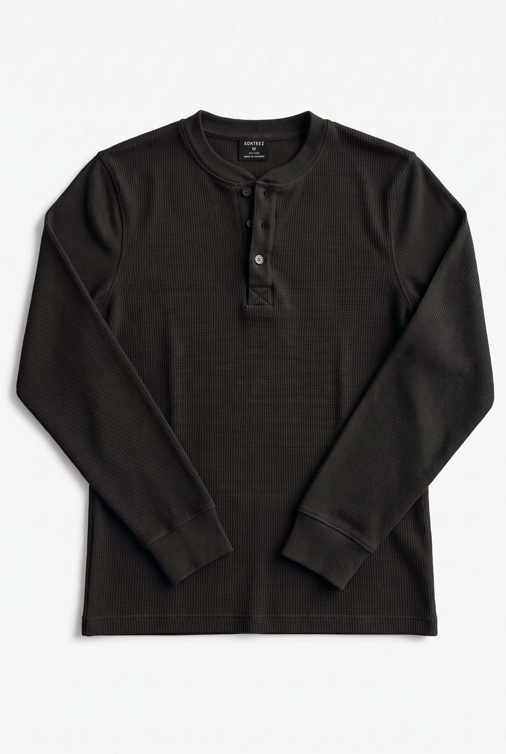 Waffle Knit Henley BLACK