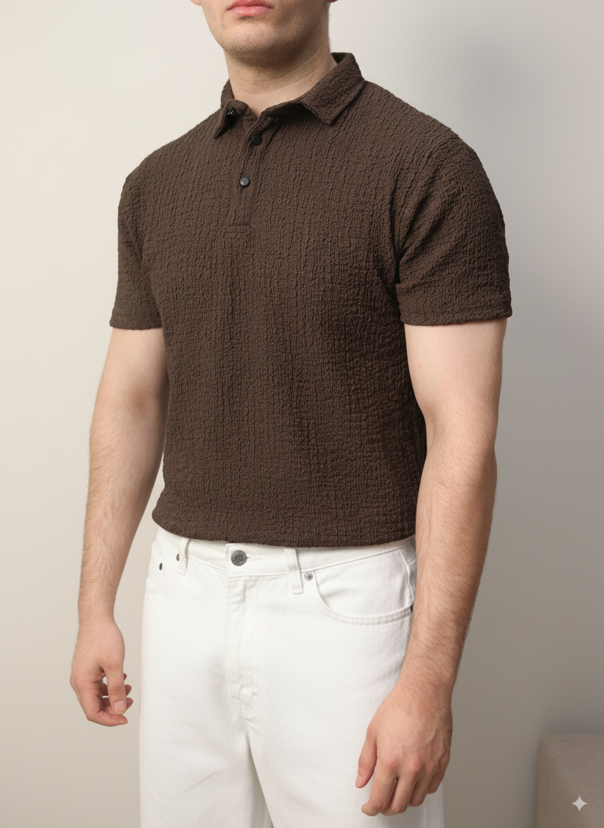 Woven Textured Lycra Polo - Smokey Olive