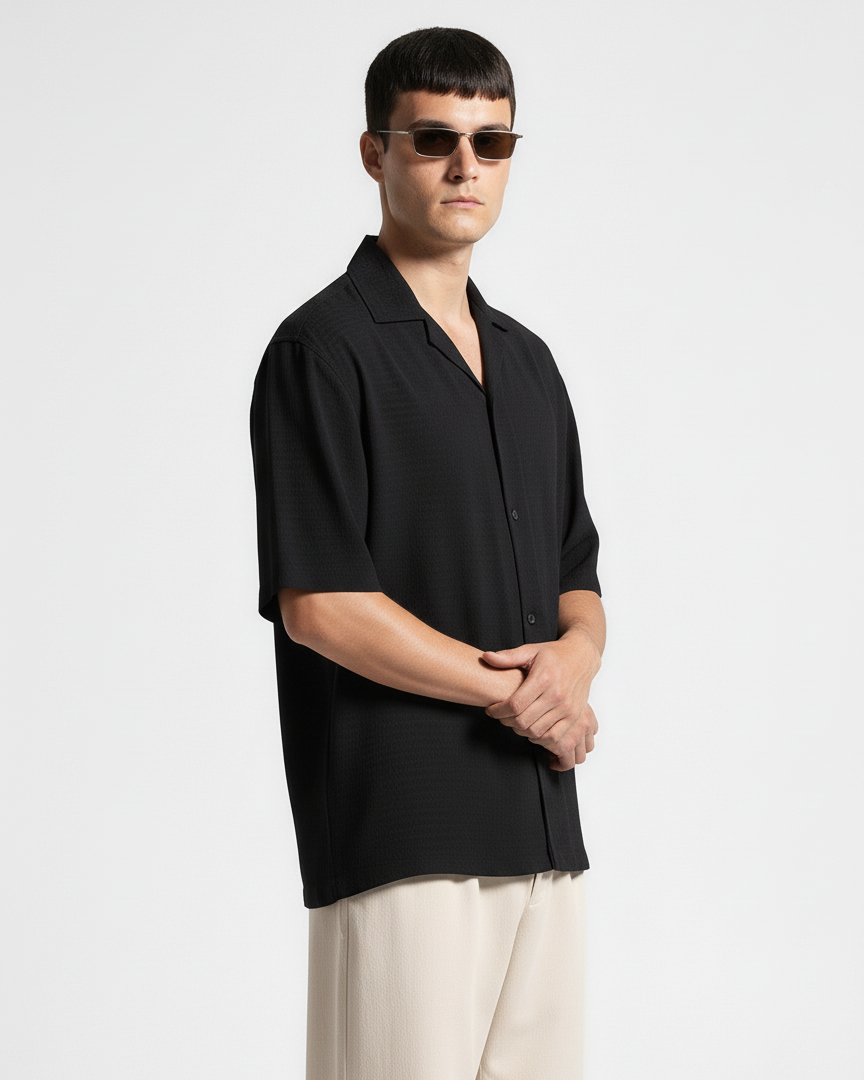 Oversize Dotted Textured Shirt - Black