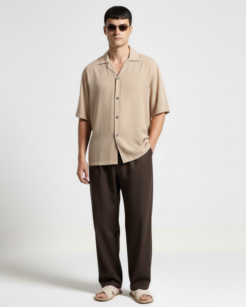 ‍Oversize Dotted Textured Shirt - Beige (100% off)