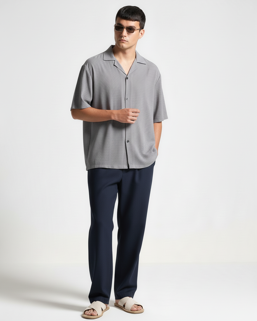 Oversize Dotted Textured Shirt - Light Grey