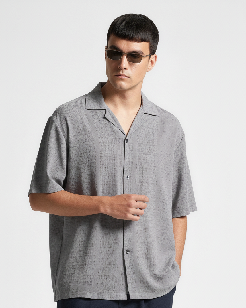 ‍Oversize Dotted Textured Shirt - Light Grey (100% off)