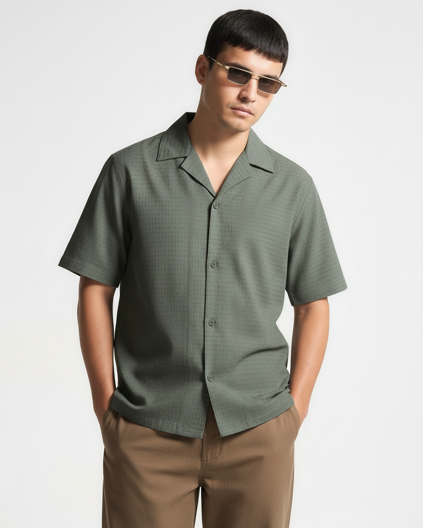 ‍Oversize Dotted Textured Shirt - Military Green (100% off)
