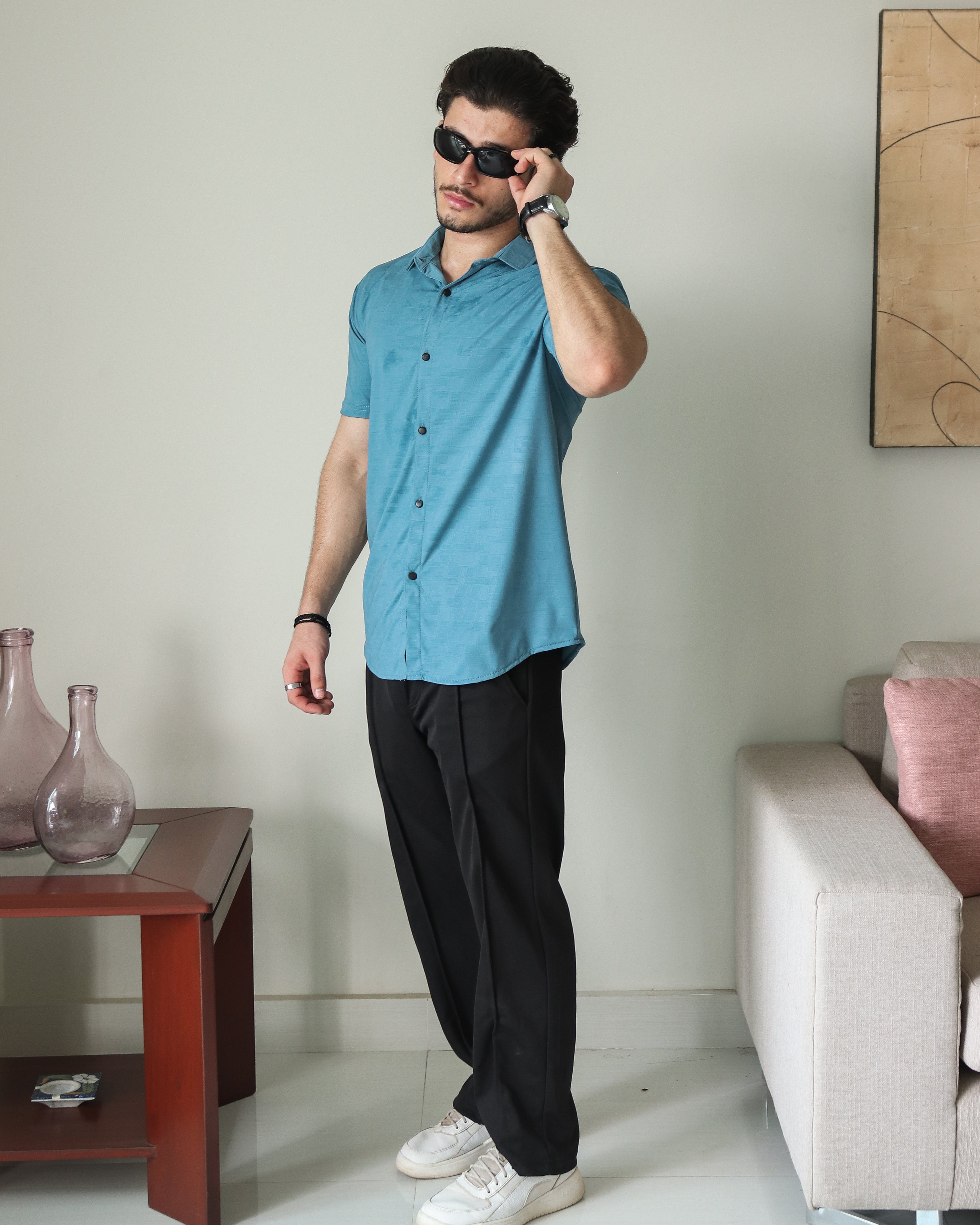 Imported Lycra Textured Shirt - Crystal Teal