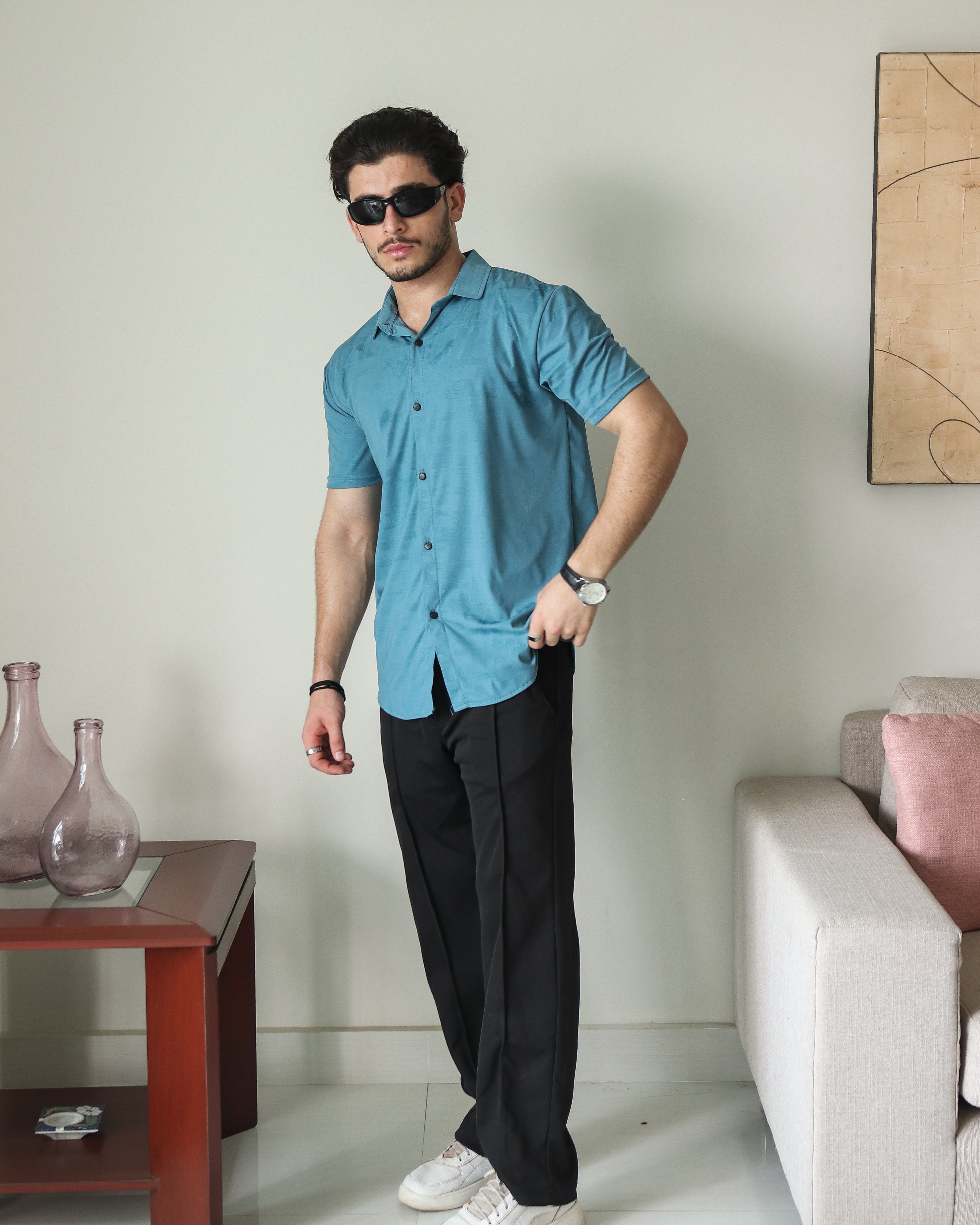 Imported Lycra Textured Shirt - Crystal Teal