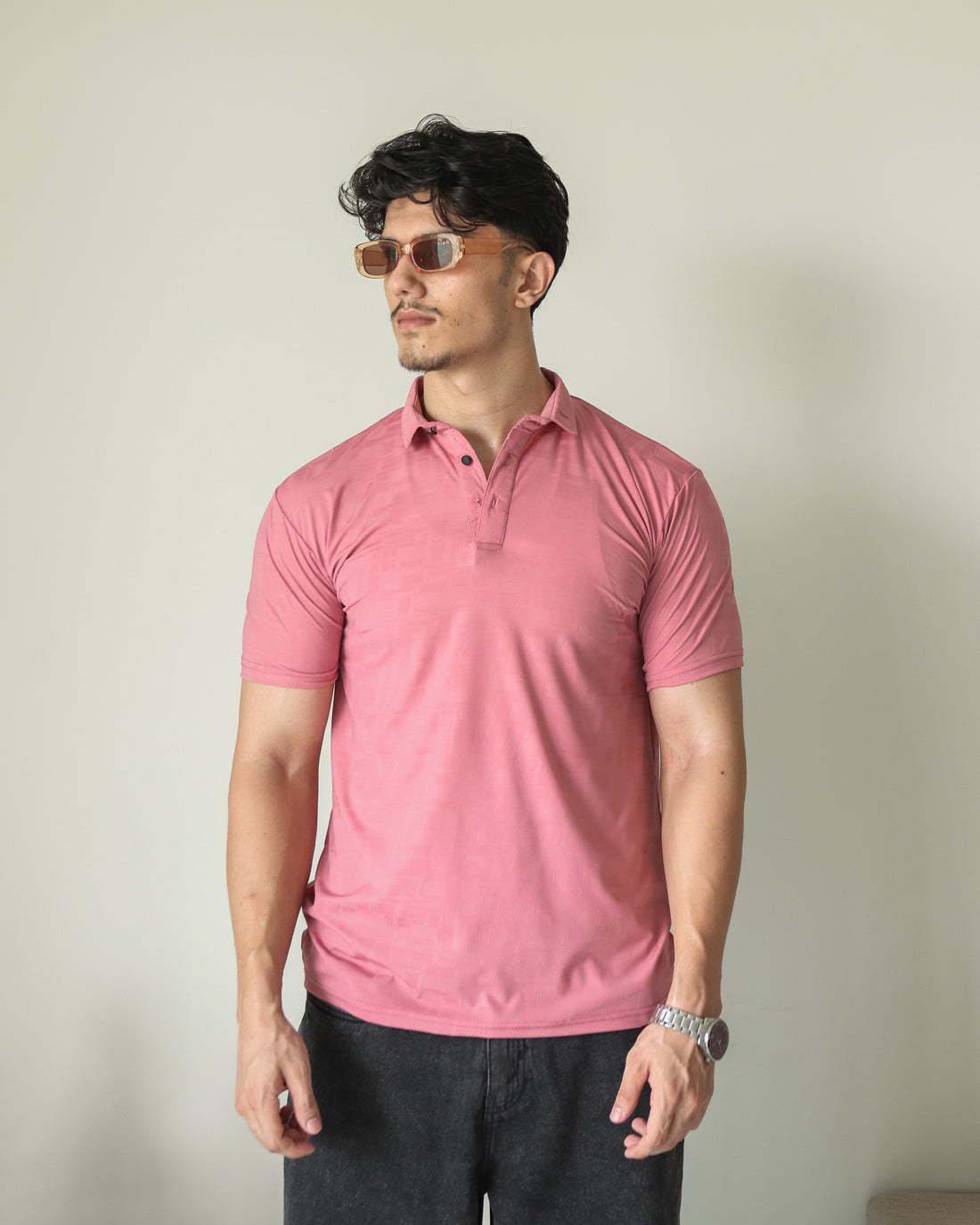 Lycra Stretch Textured Polo - Coral Pink