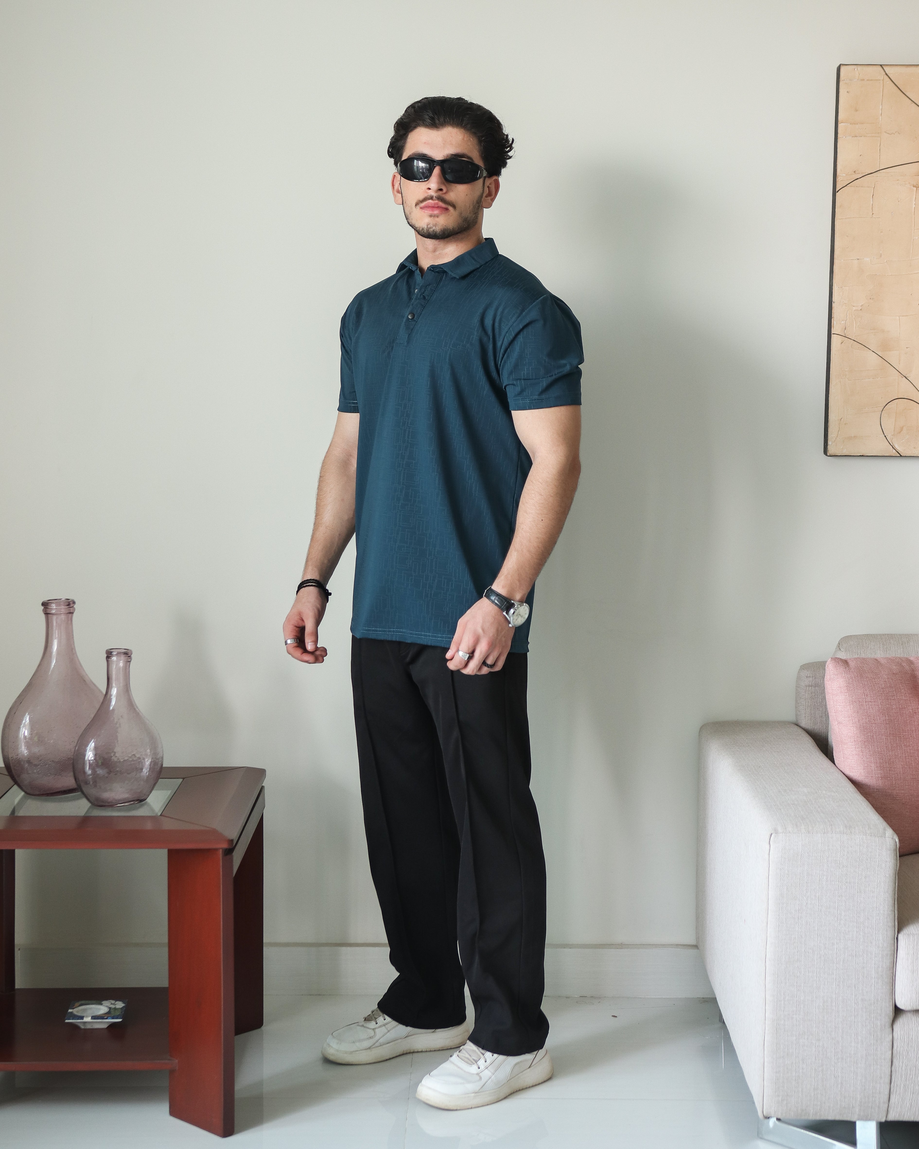 Lycra Stretch Textured Polo - Navy