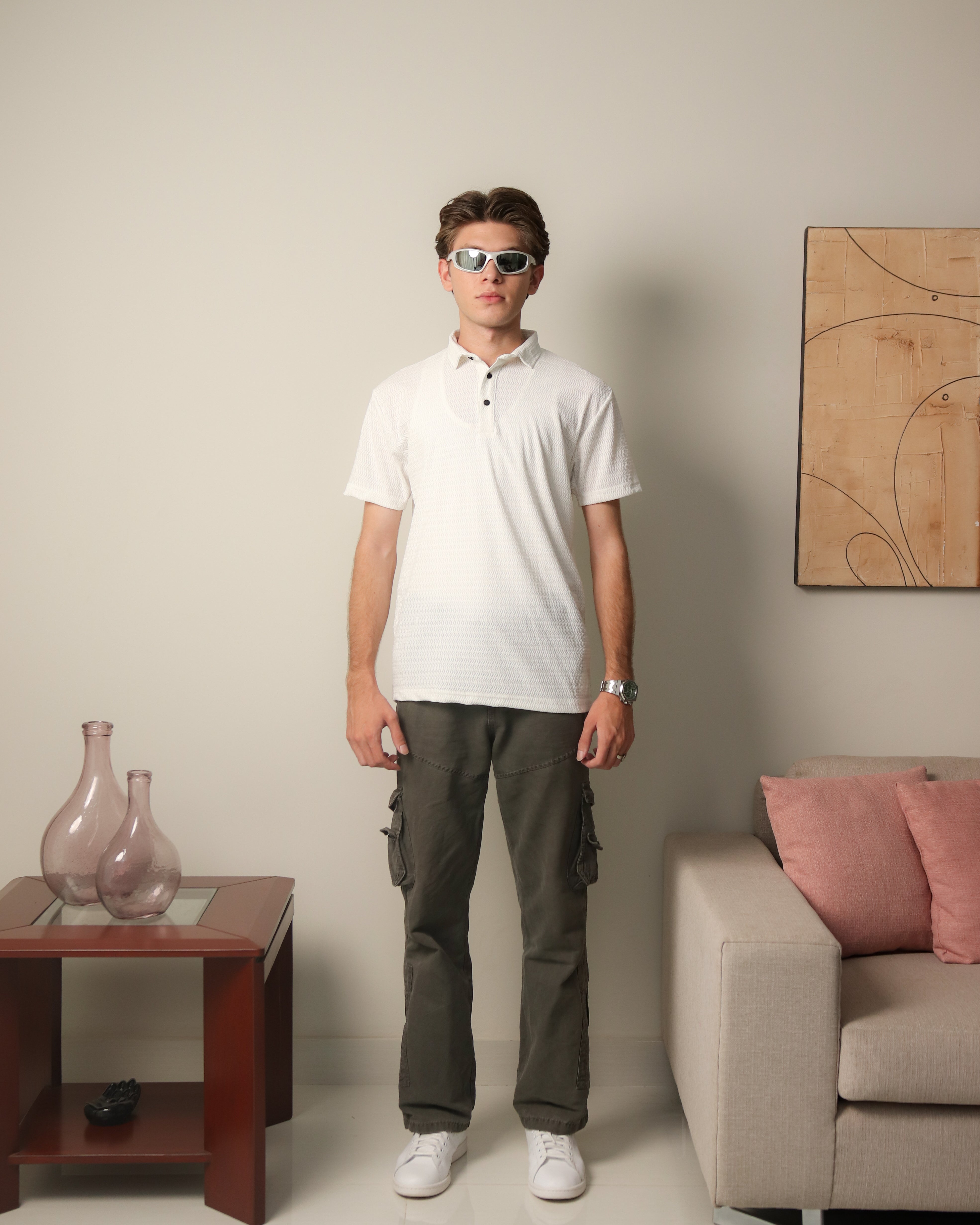 Woven Textured Lycra Polo - White