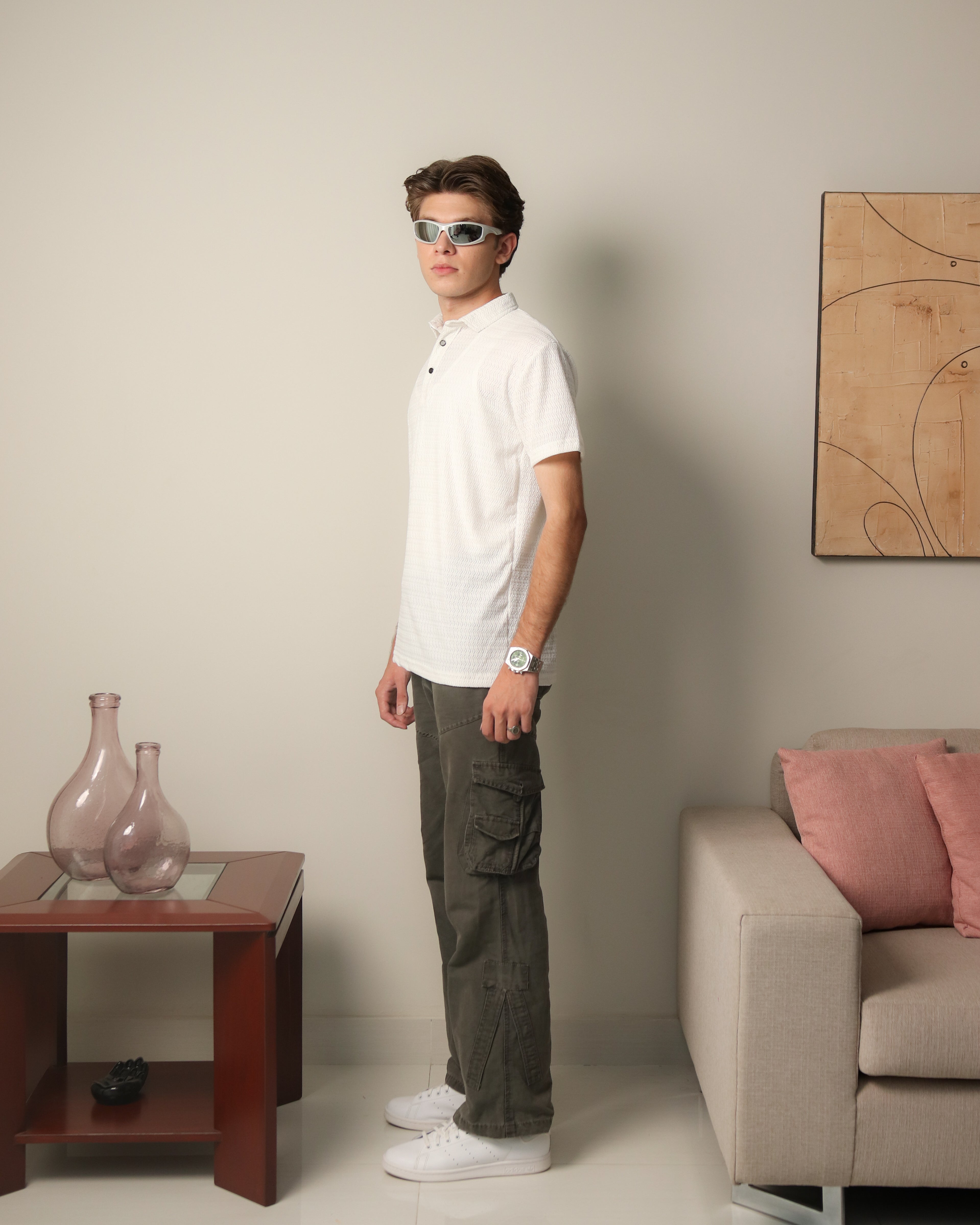 Woven Textured Lycra Polo - White