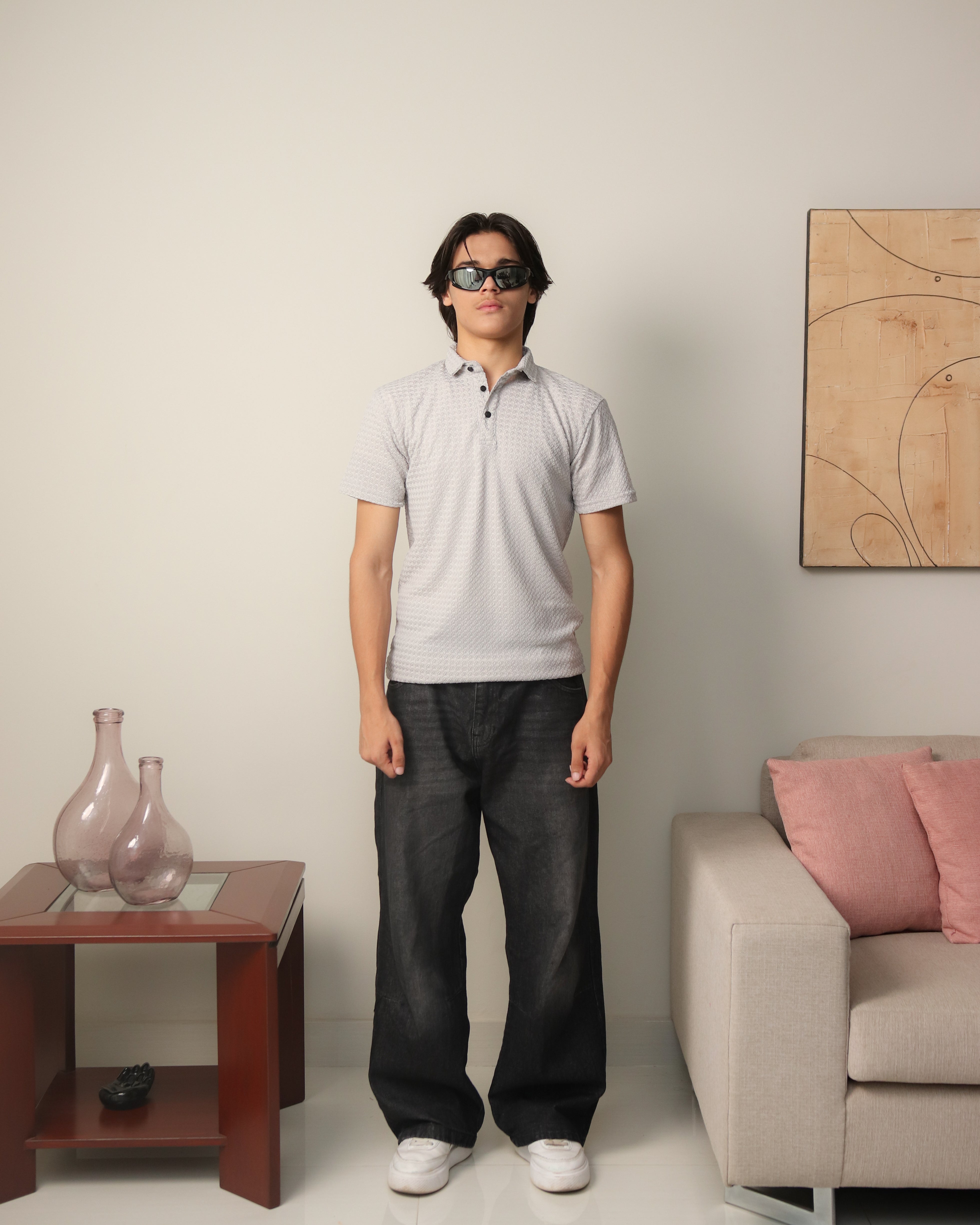 Woven Textured Lycra Polo - Light Grey