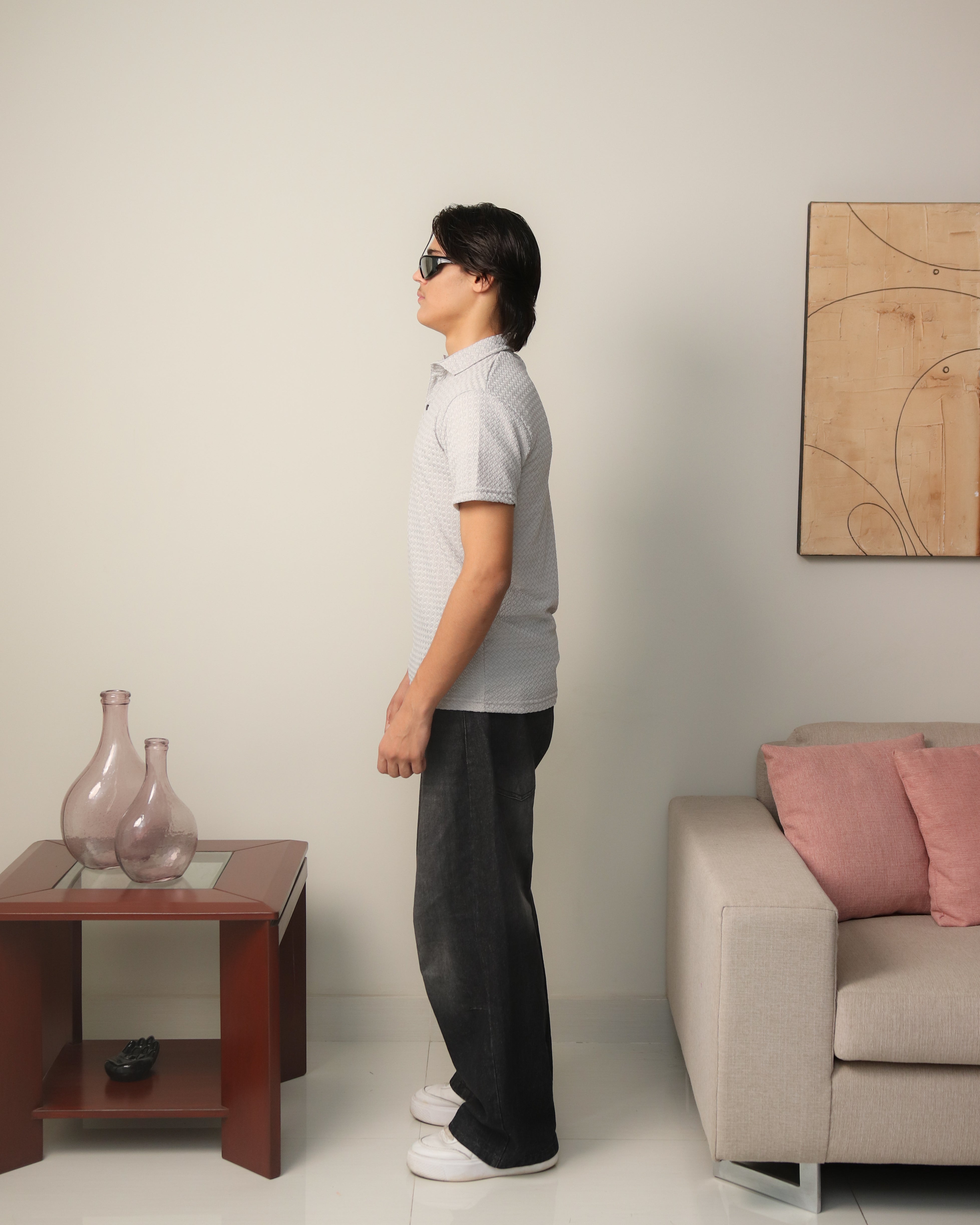 Woven Textured Lycra Polo - Light Grey