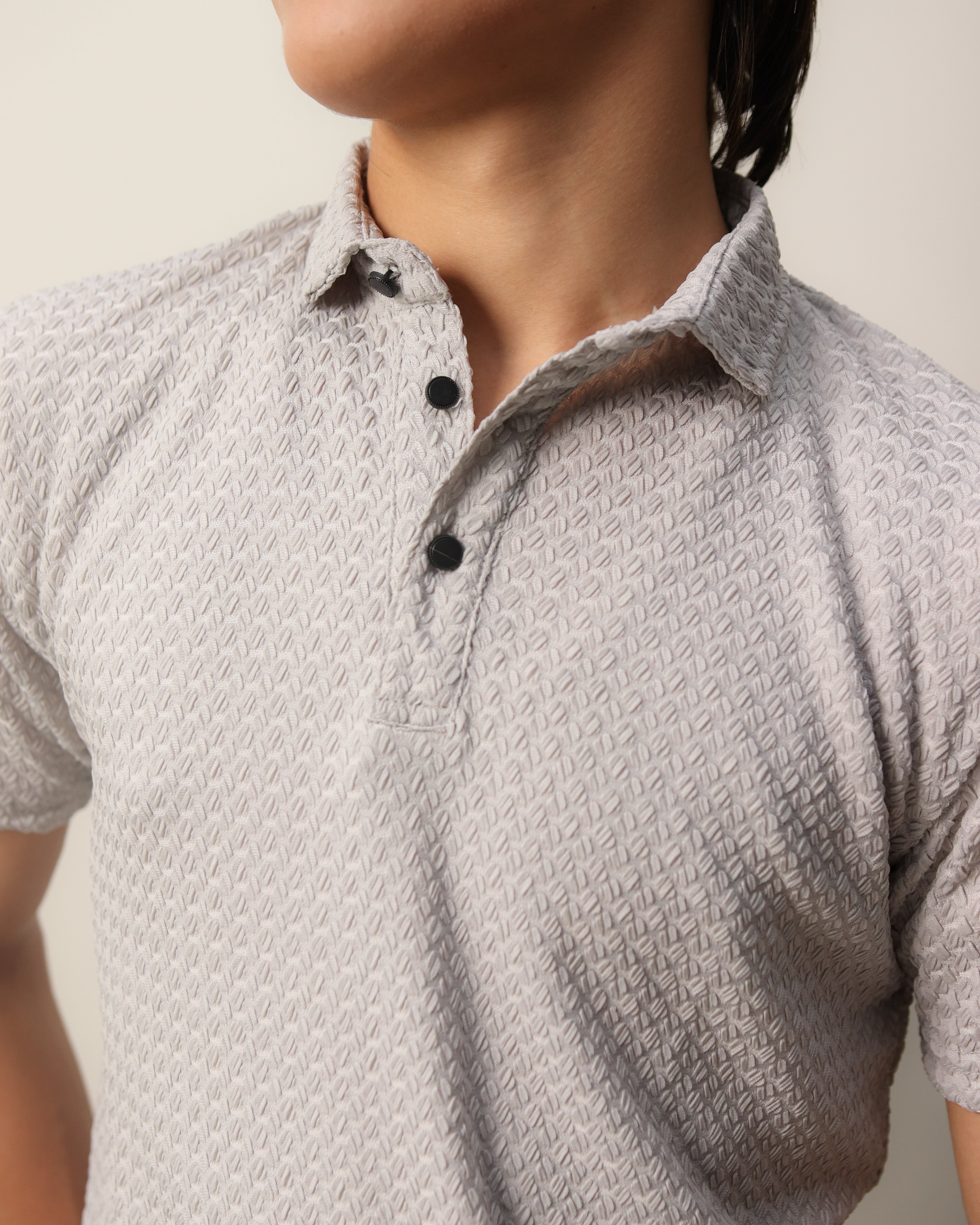 Woven Textured Lycra Polo - Light Grey