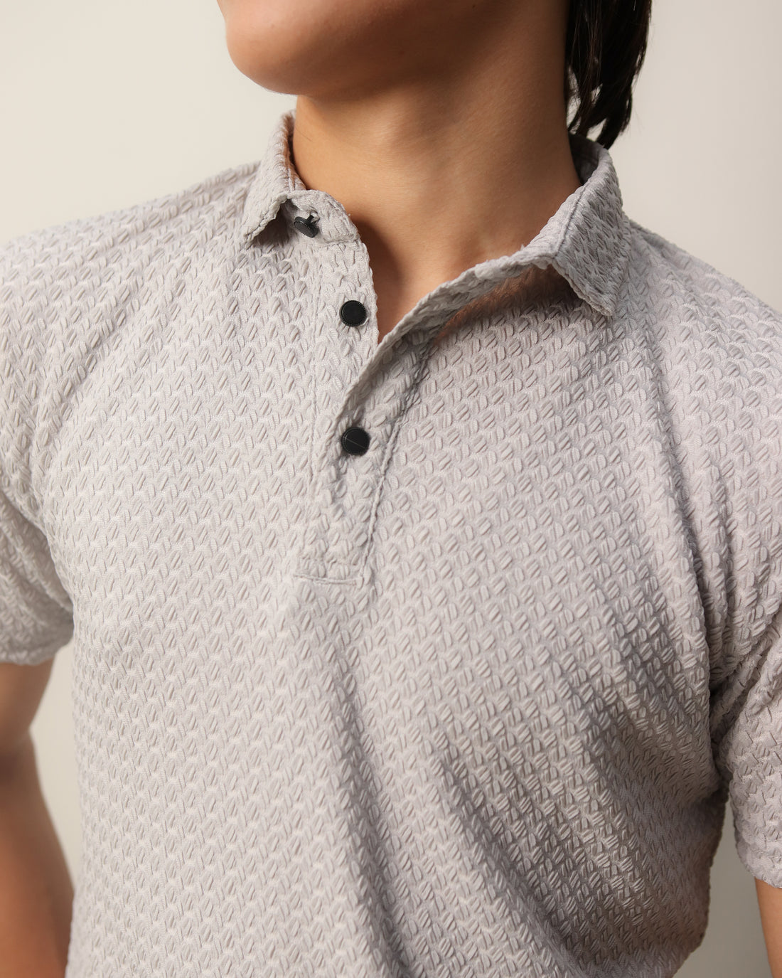 Woven Textured Lycra Polo - Light Grey