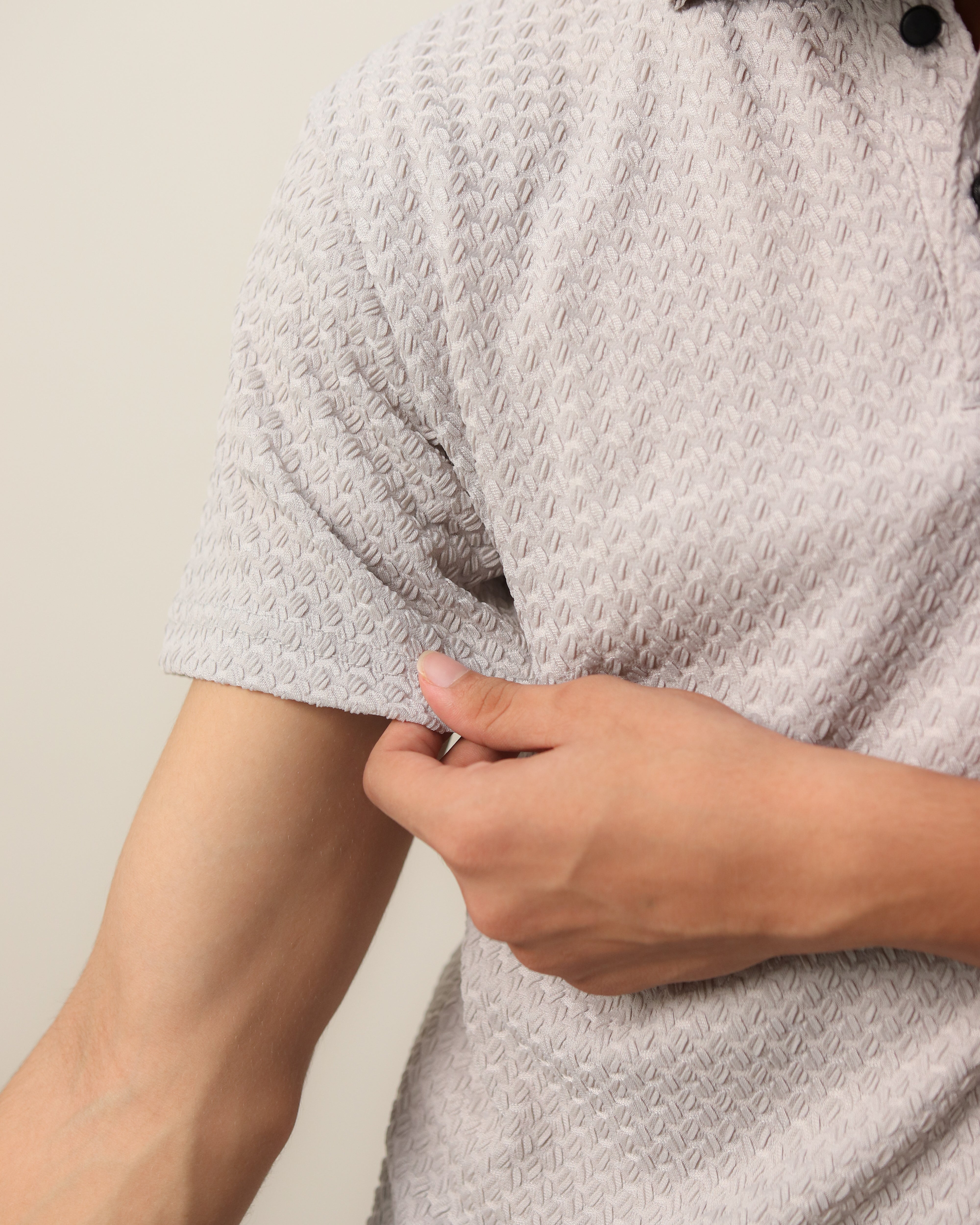 Woven Textured Lycra Polo - Light Grey