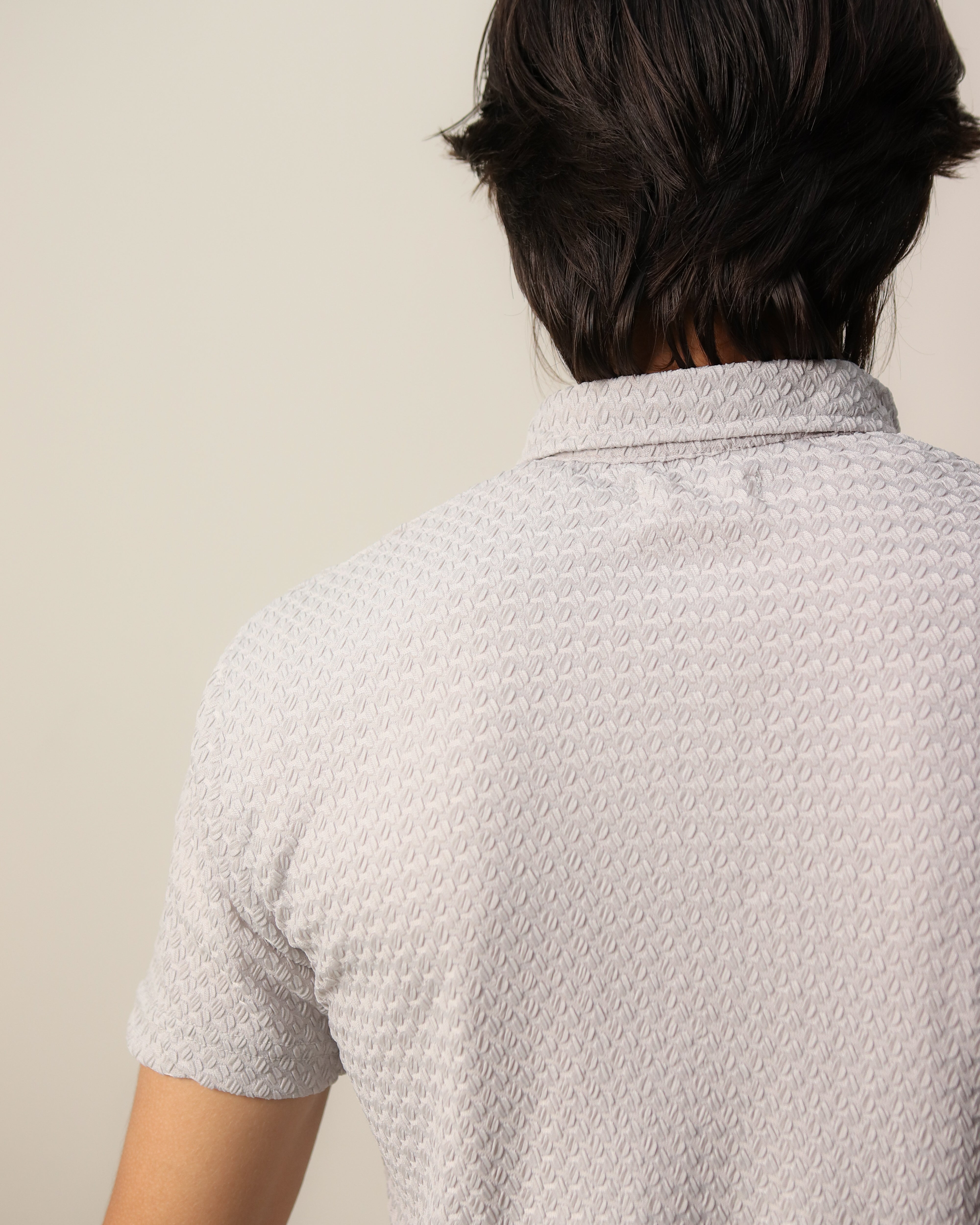 Woven Textured Lycra Polo - Light Grey