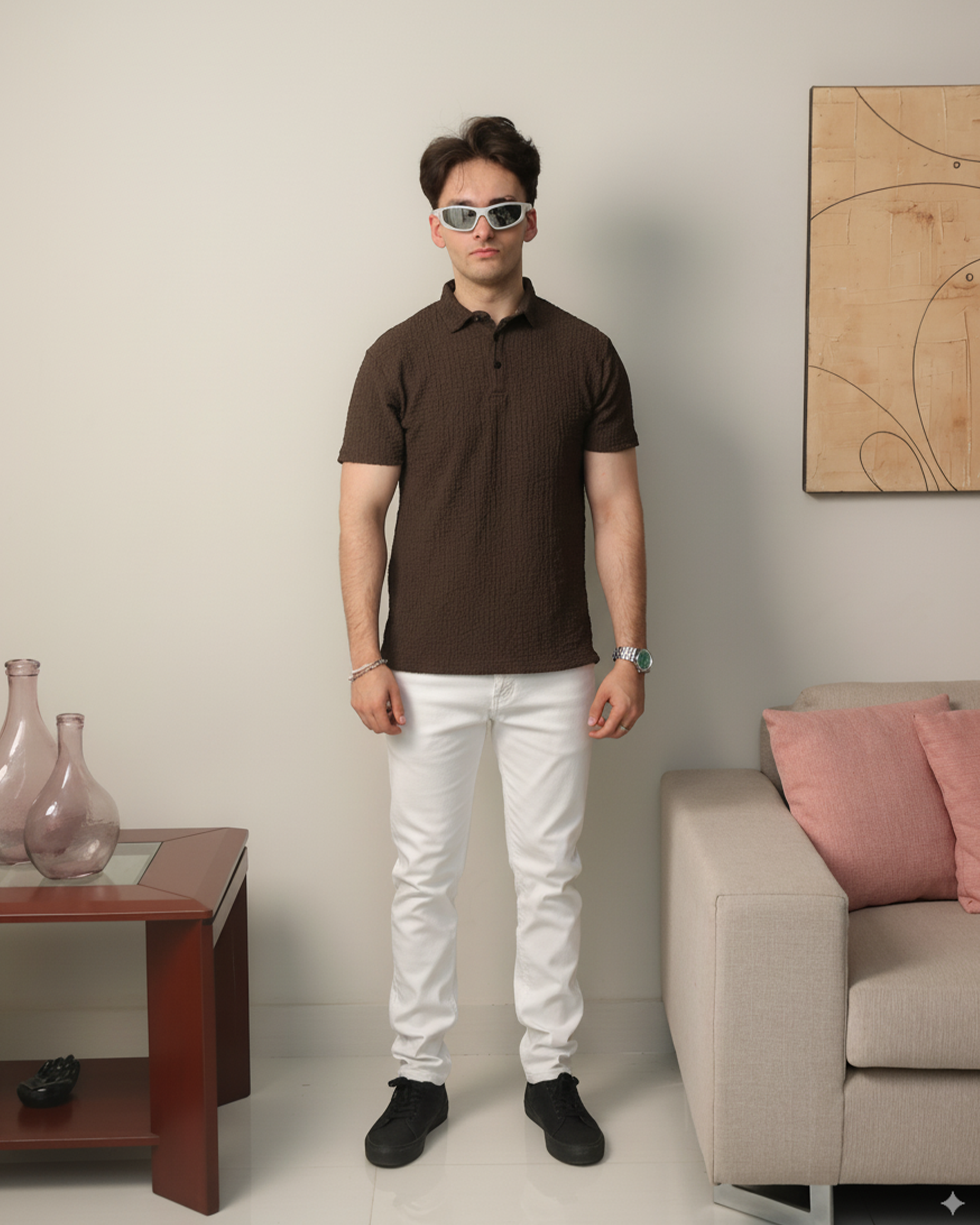 Woven Textured Lycra Polo - Smokey Olive