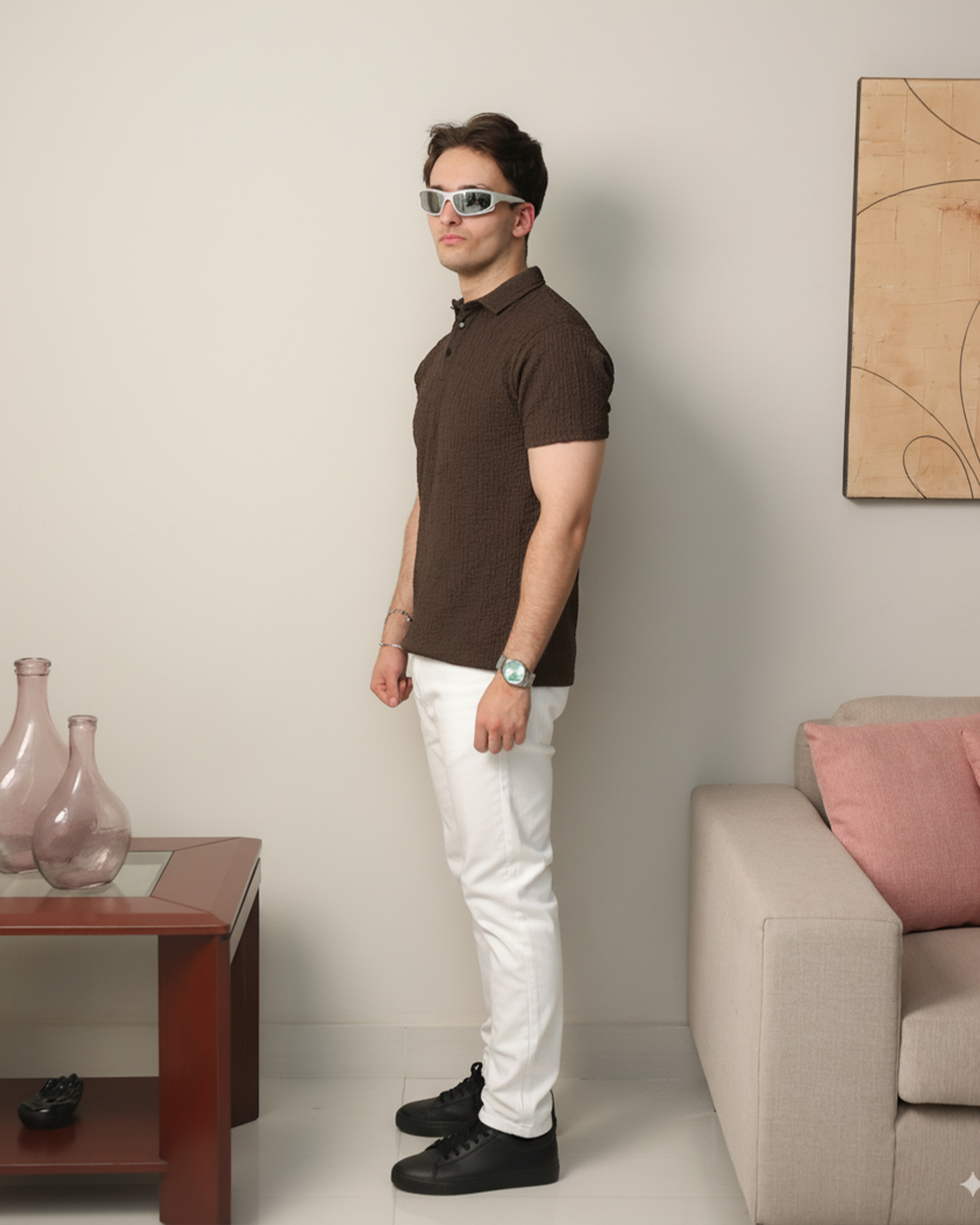 Woven Textured Lycra Polo - Smokey Olive