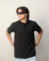 🎁 Woven Textured Lycra Polo - Black (100% off)