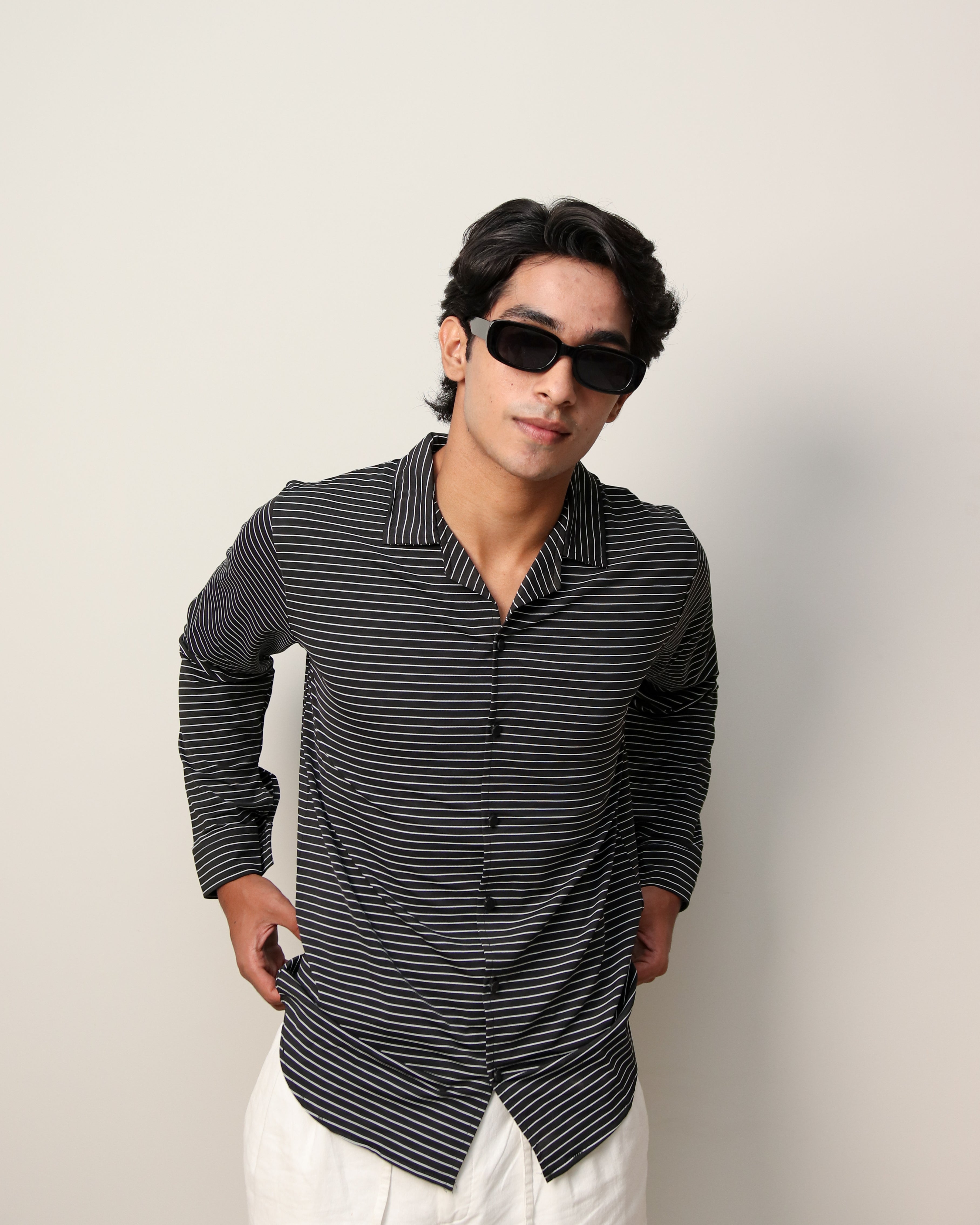 Lycra Textured Lines Shirt - Black
