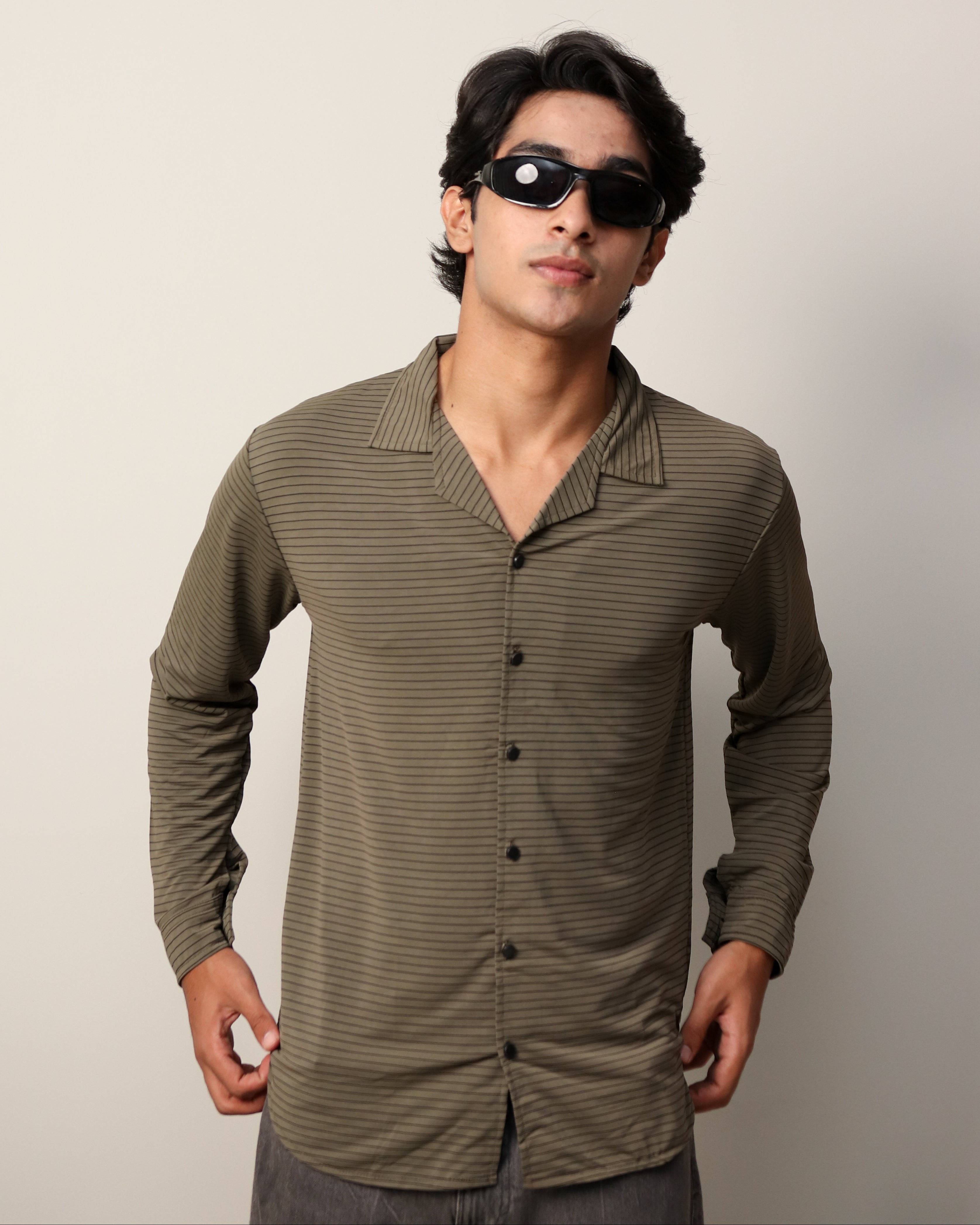 ‍Lycra Textured Lines Shirt - Olive (100% off)