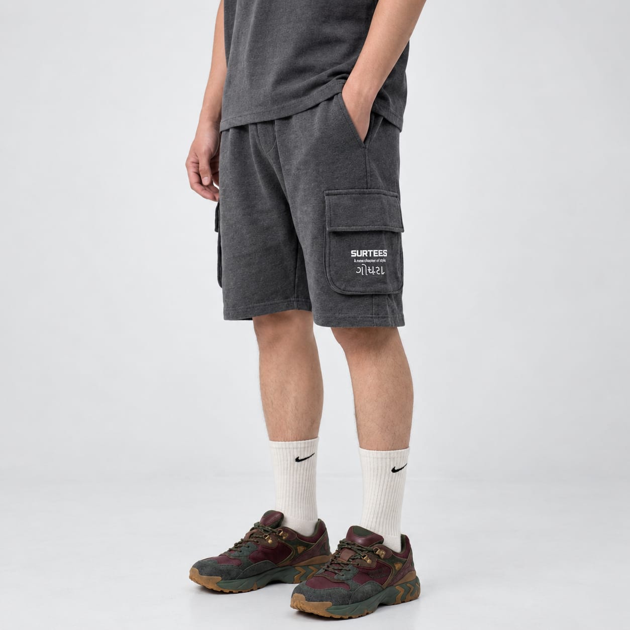 Charcoal Terry Cargo Shorts
