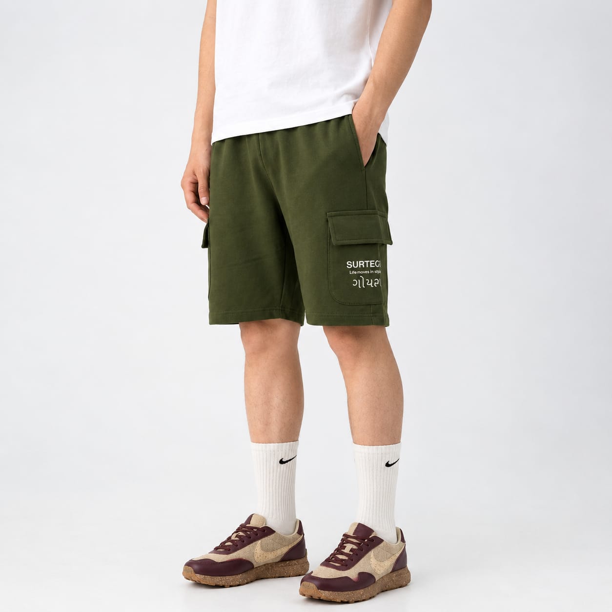 Olive Terry Cargo 3 Quarter Shorts