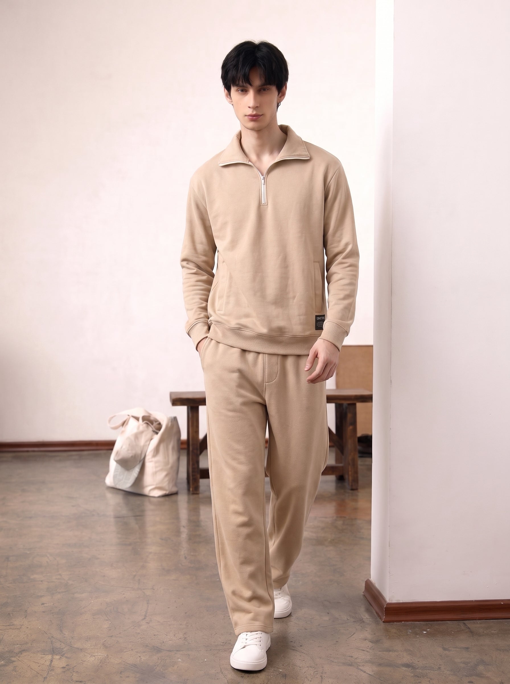 Beige Half Zipper Tracksuit