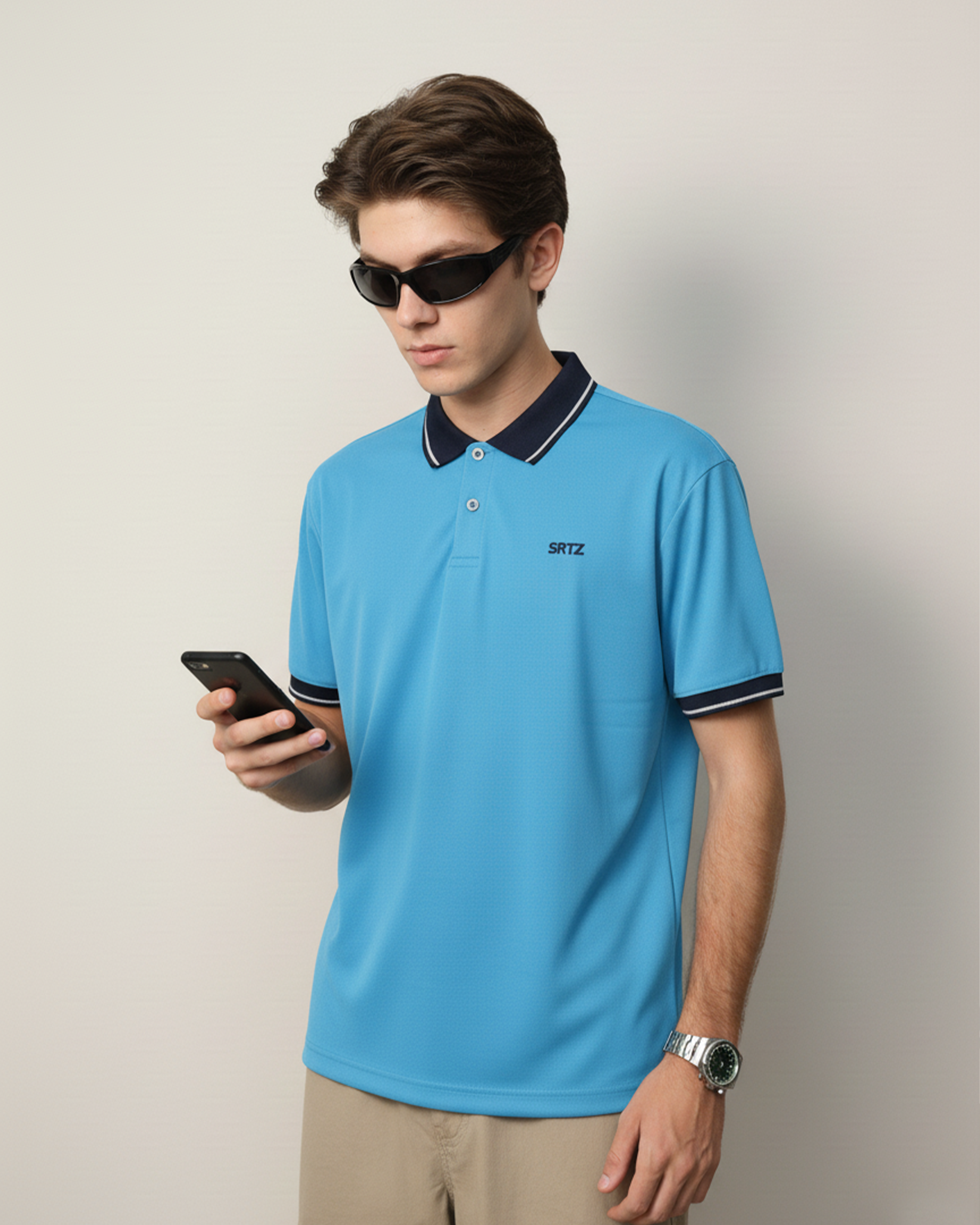 Sky And Navy Blue Contrast Polo Tee