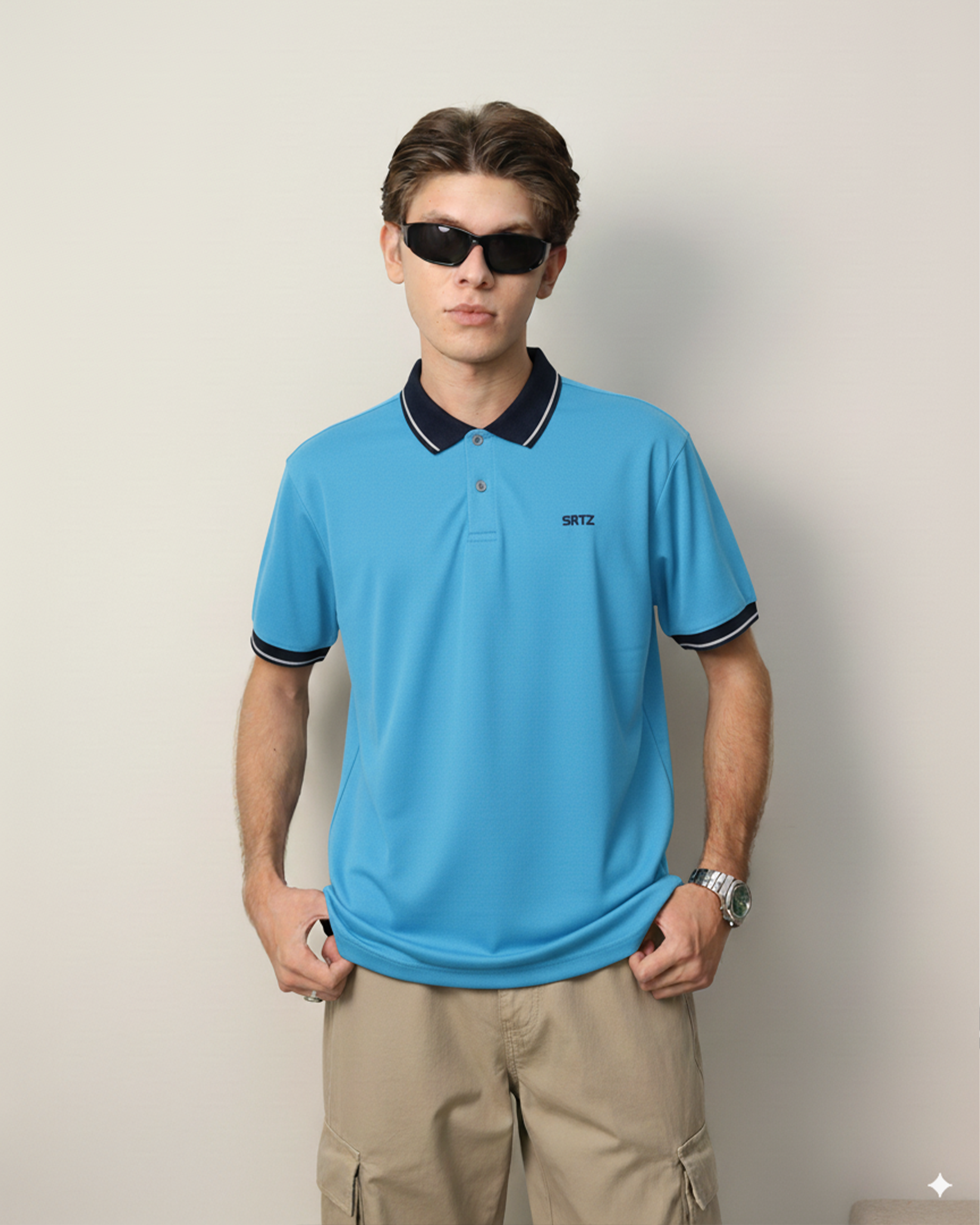 Sky And Navy Blue Contrast Polo Tee