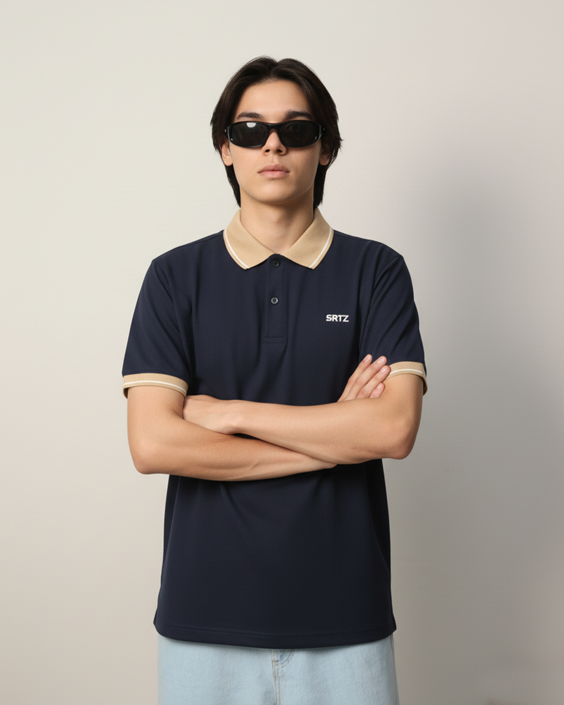 Navy Blue And Skin Contrast Polo Tee