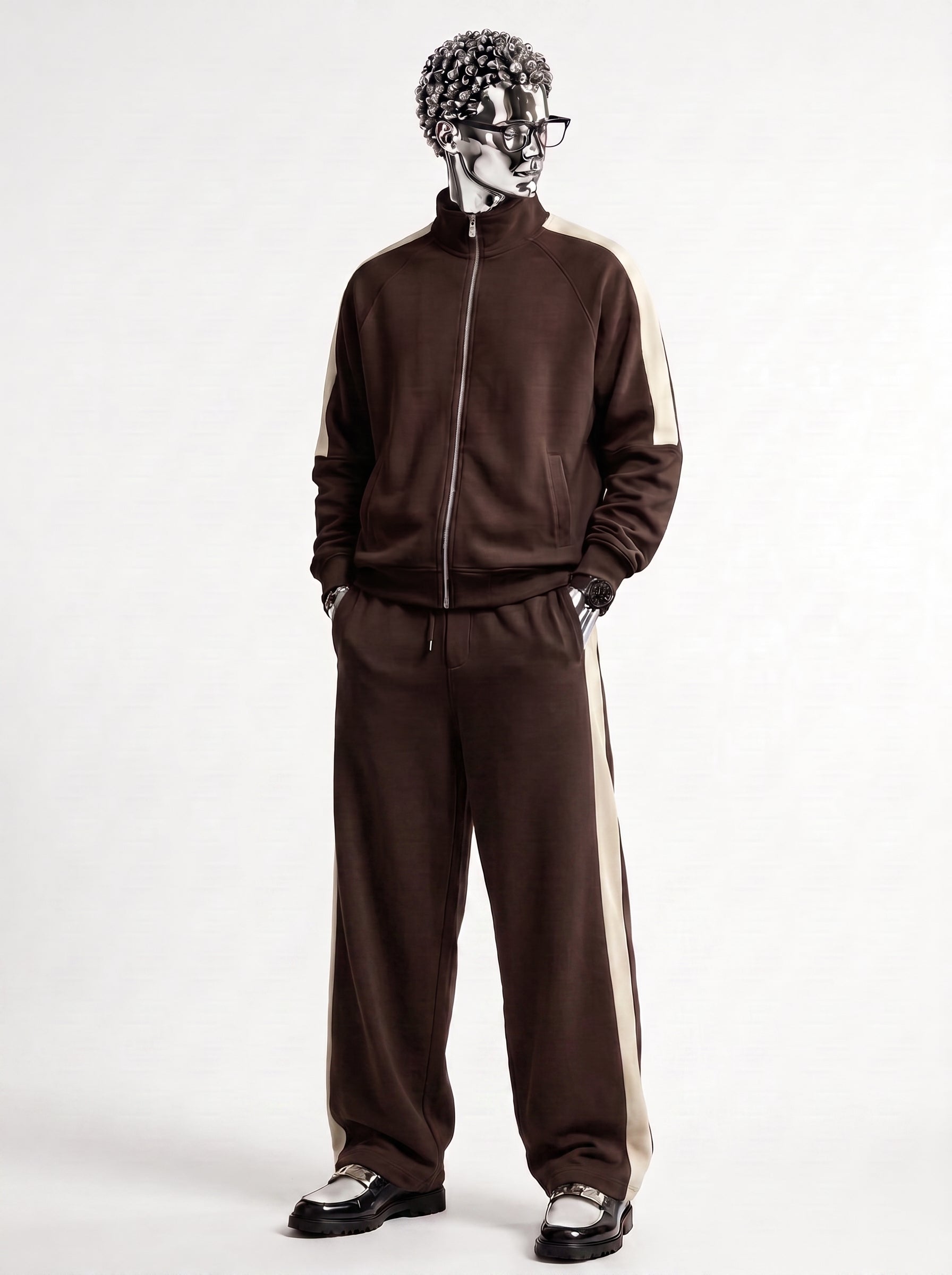 Brown Mock Neck Zipper Tracksuit