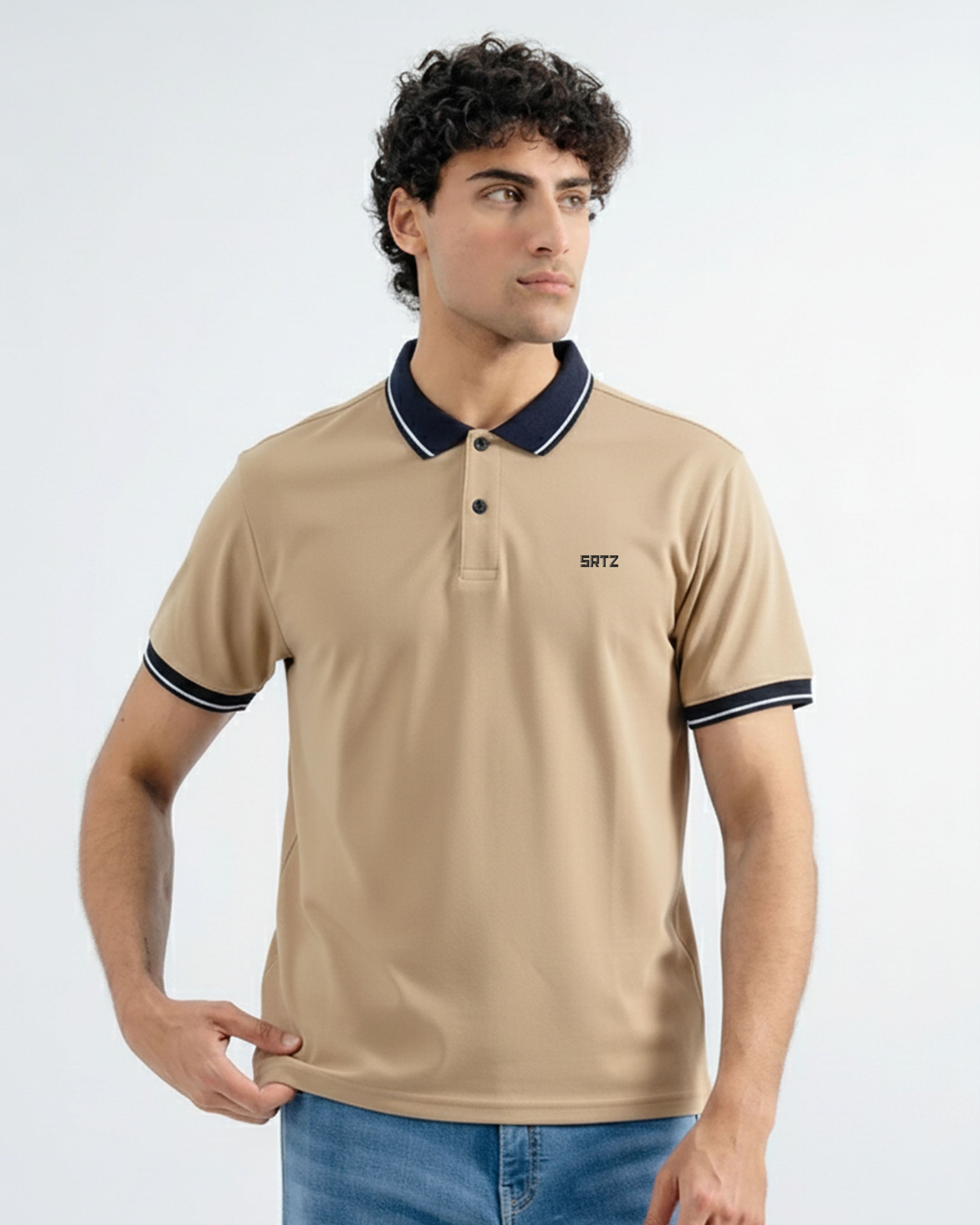 Khaki and Navy Contrast Polo Tee