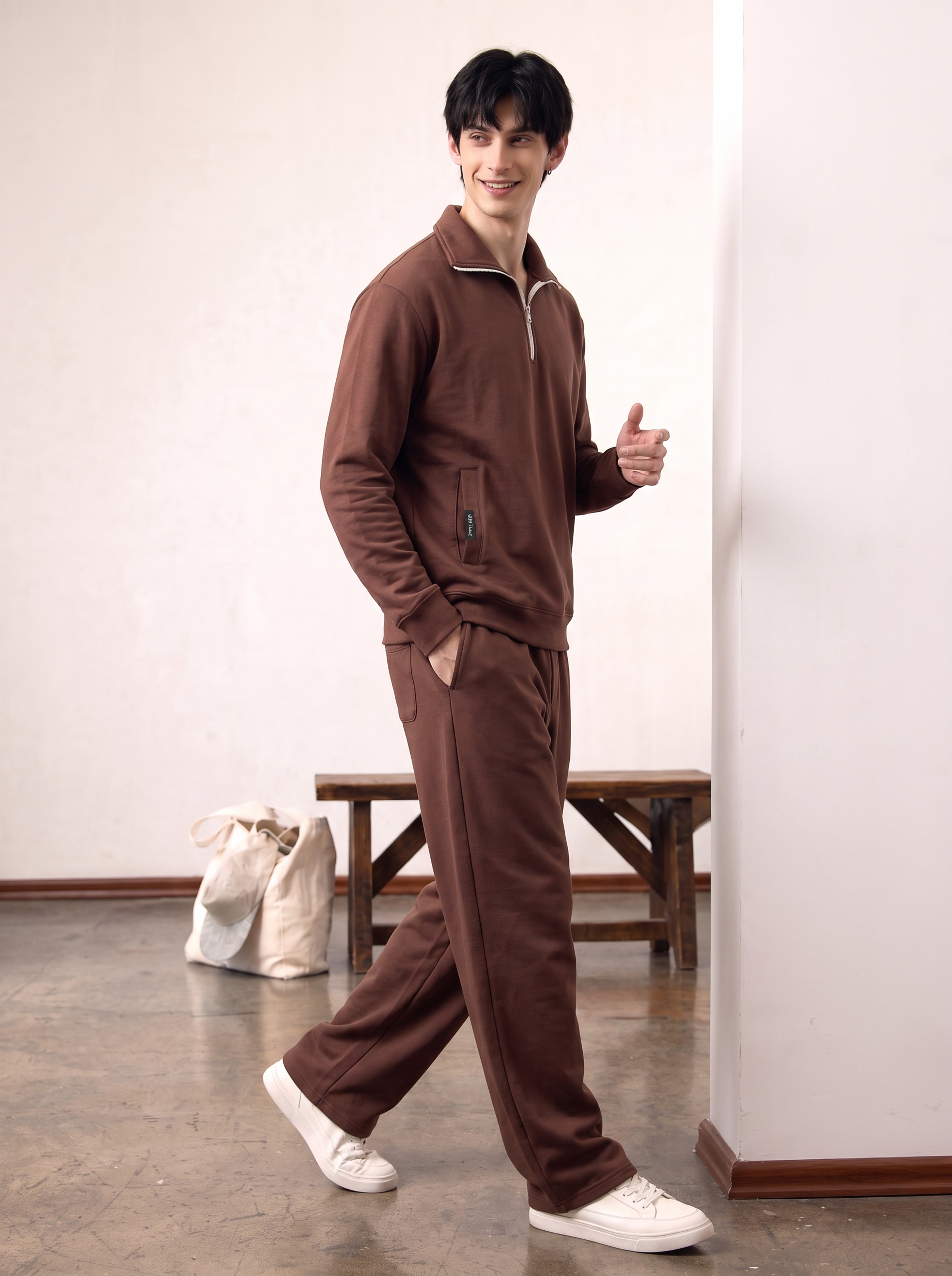 Brown Half Zipper Tracksuit